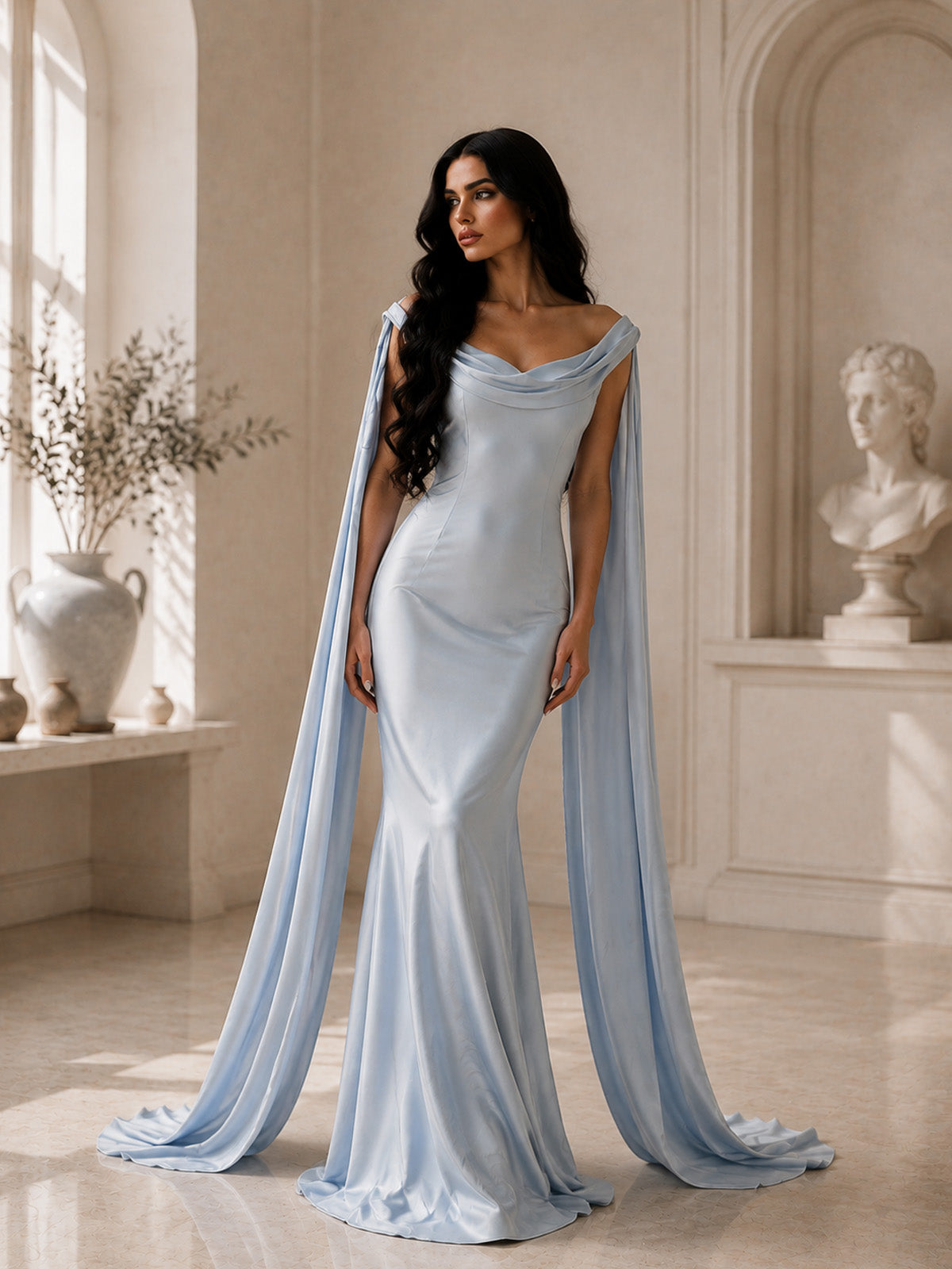 Women’s Light Blue Luxurious Satin Off Shoulder Cape Sleeve Mermaid Maxi Dress