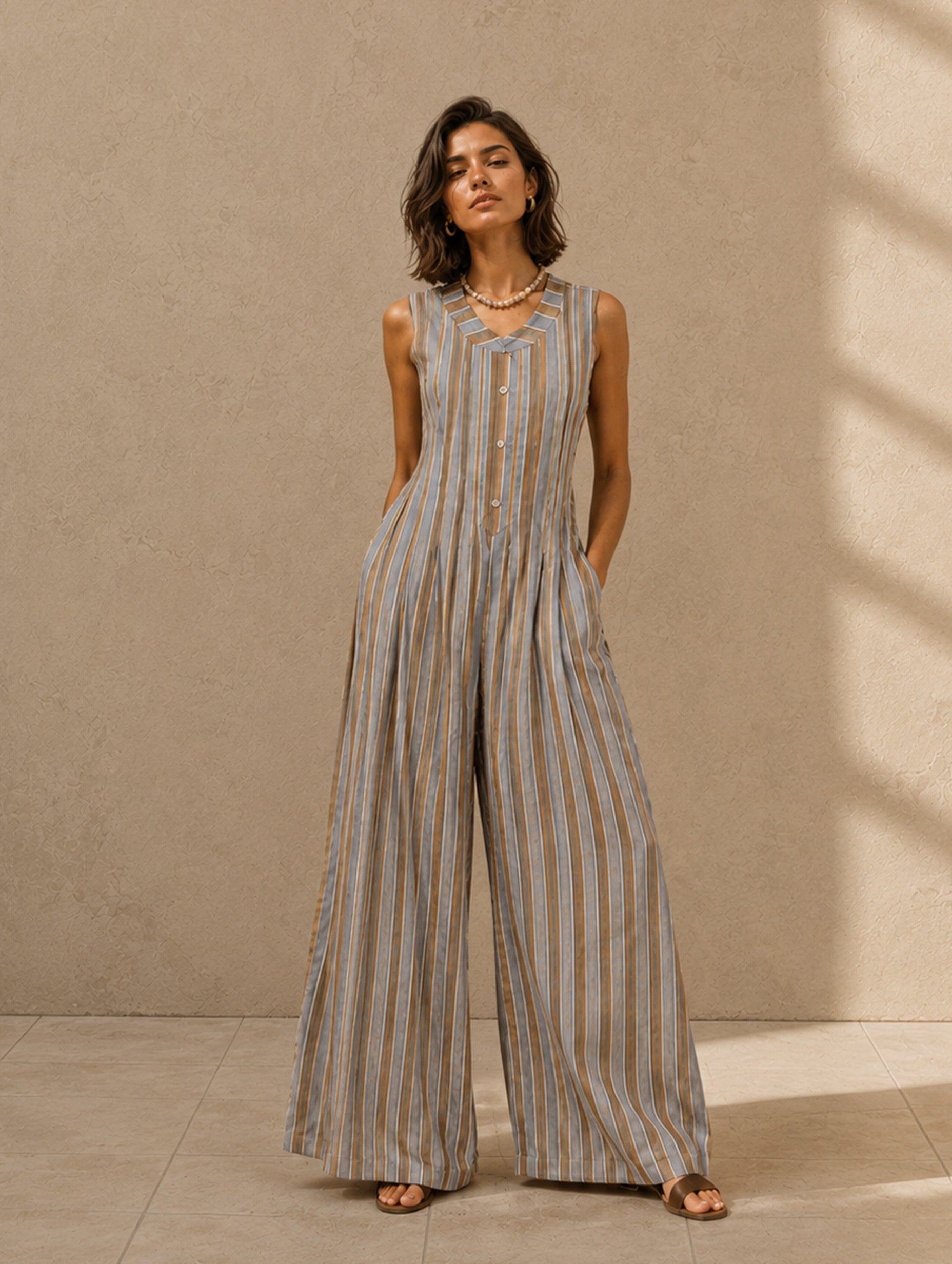 Women’s Beige Gray French Chic Lightweight Woven Round Neck Sleeveless Regular Full-Length Wide-Leg Jumpsuit with Vertical Stripe and Button Front