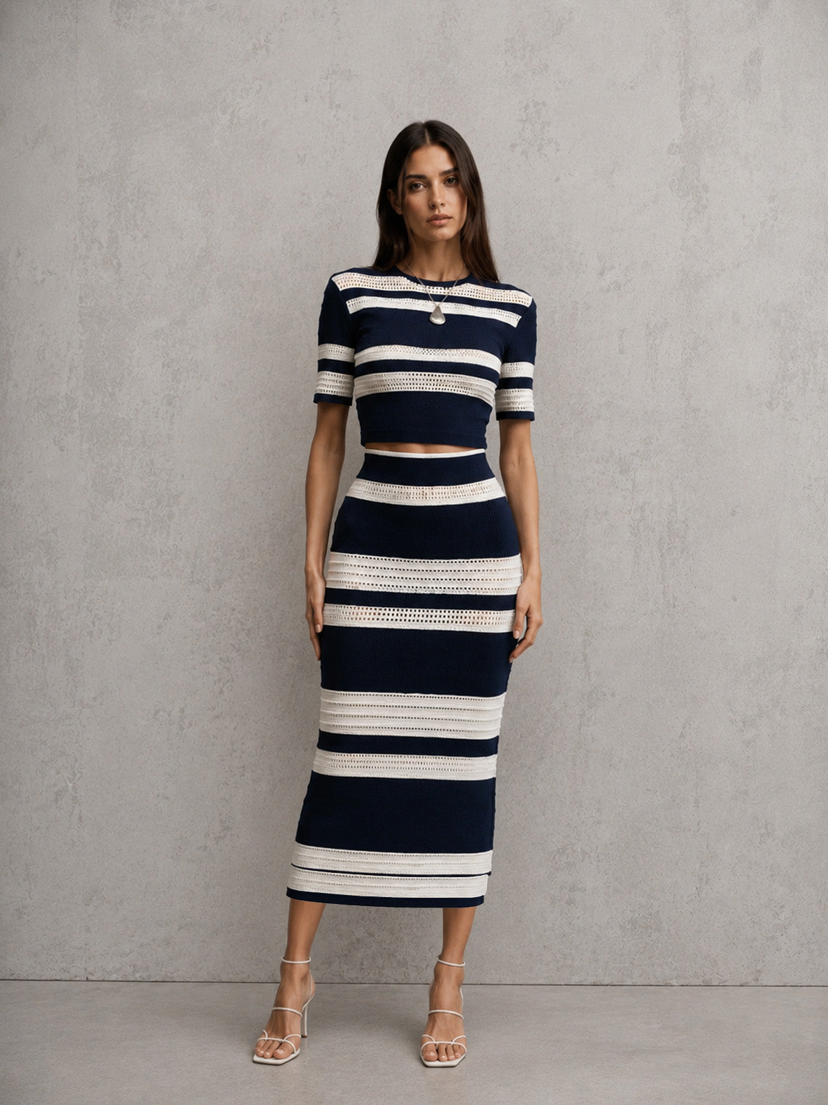 Women’s Navy Blue Chic Knit Square Neck Short Sleeve Top and Midi Skirt Set with Striped Detail