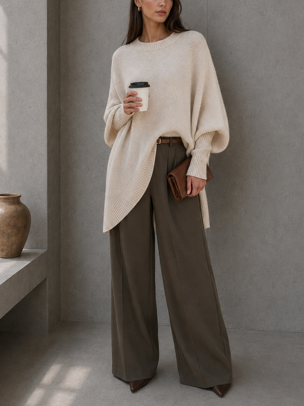 Women’s Ivory Minimalist Knit Crew Neck Long Batwing Sleeve Oversized Sweater
