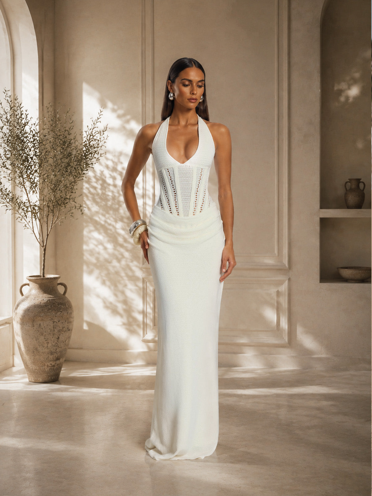 Women’s White Elegant Halter Neck Crochet Knit Backless Maxi Dress