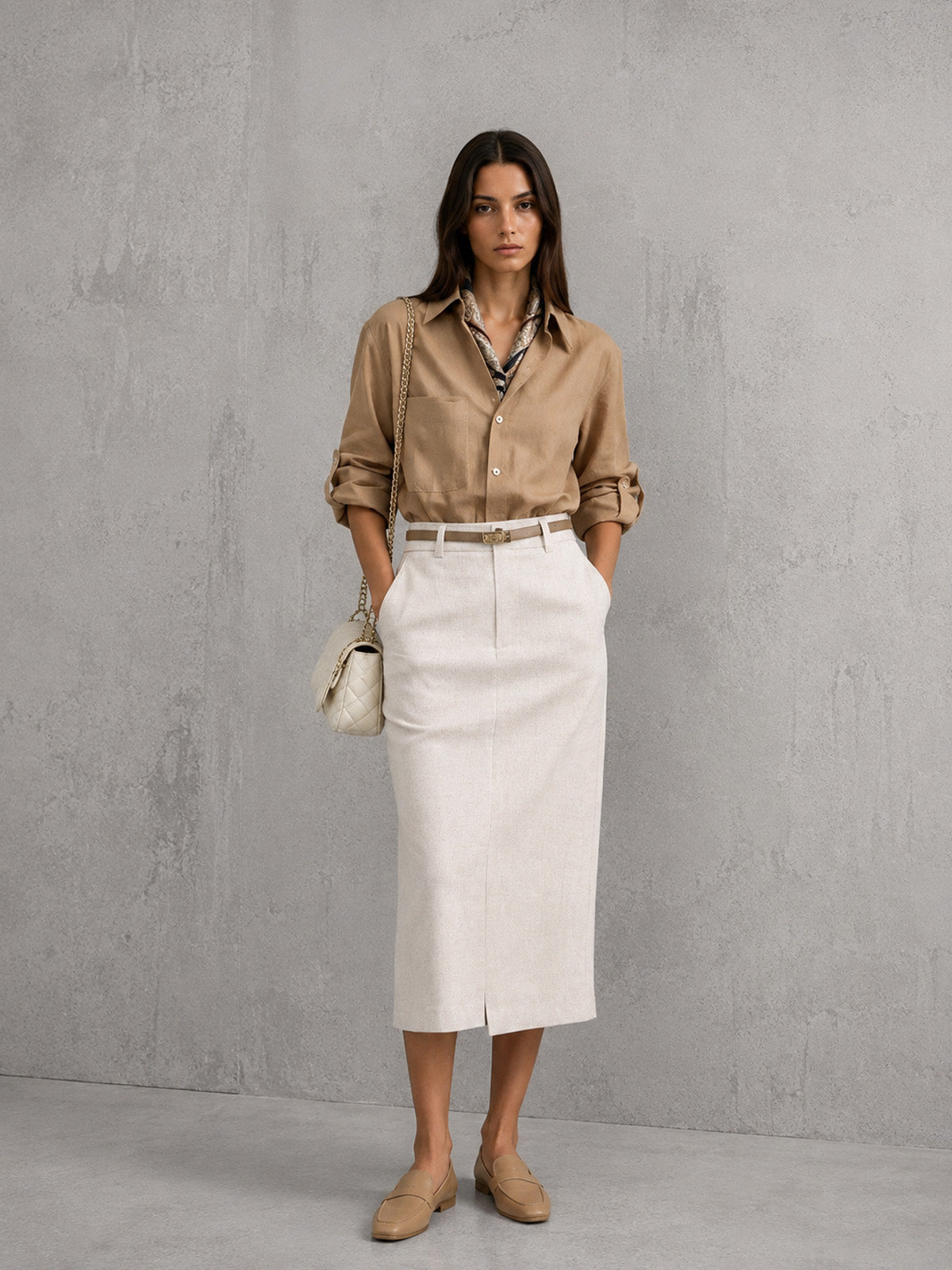 Women’s Beige Minimalist Linen Blend Button Shirt and White Midi Skirt Set with Belt Detail