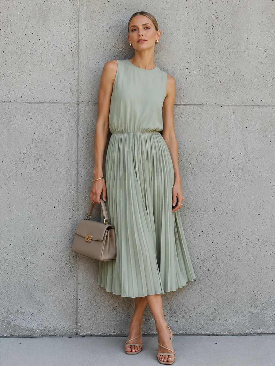 Women’s Light Green Elegant Pleated Round Neck Sleeveless A-Line Midi Dress