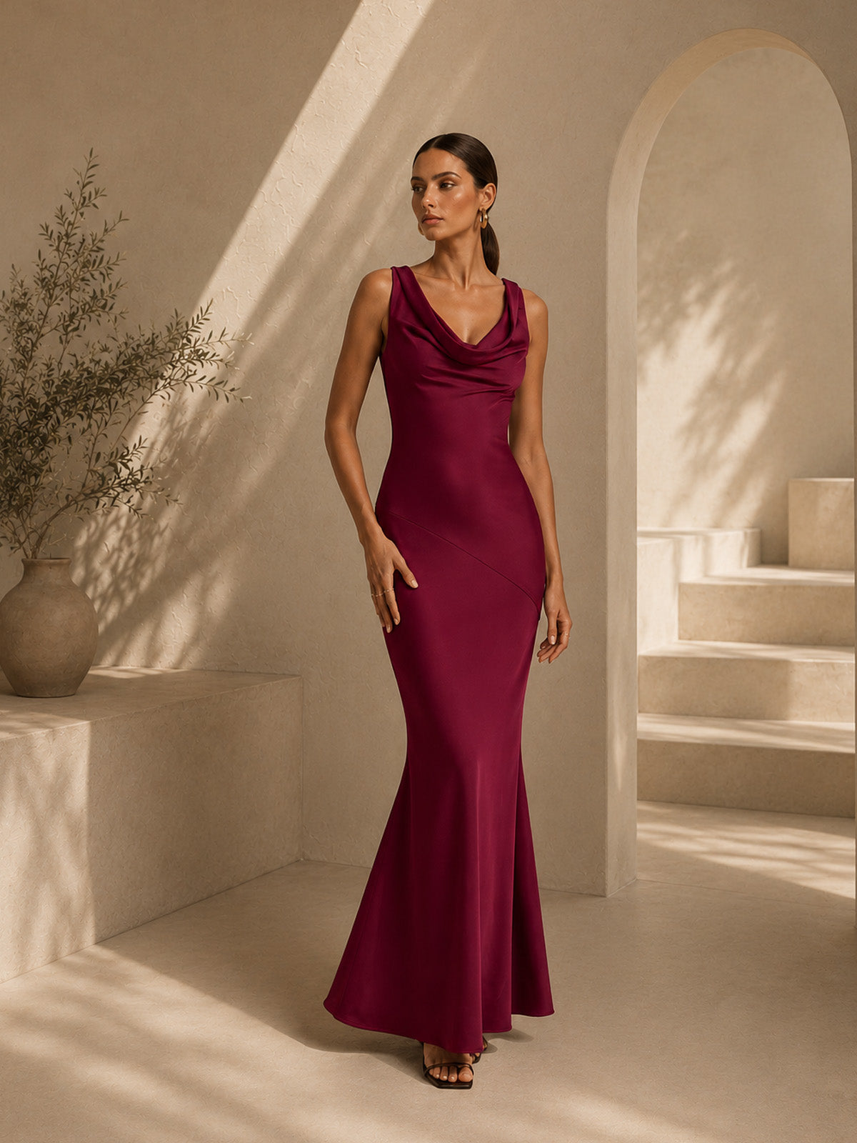 Women’s Burgundy Satin Cowl Neck Sleeveless Slim Mermaid Maxi Dress