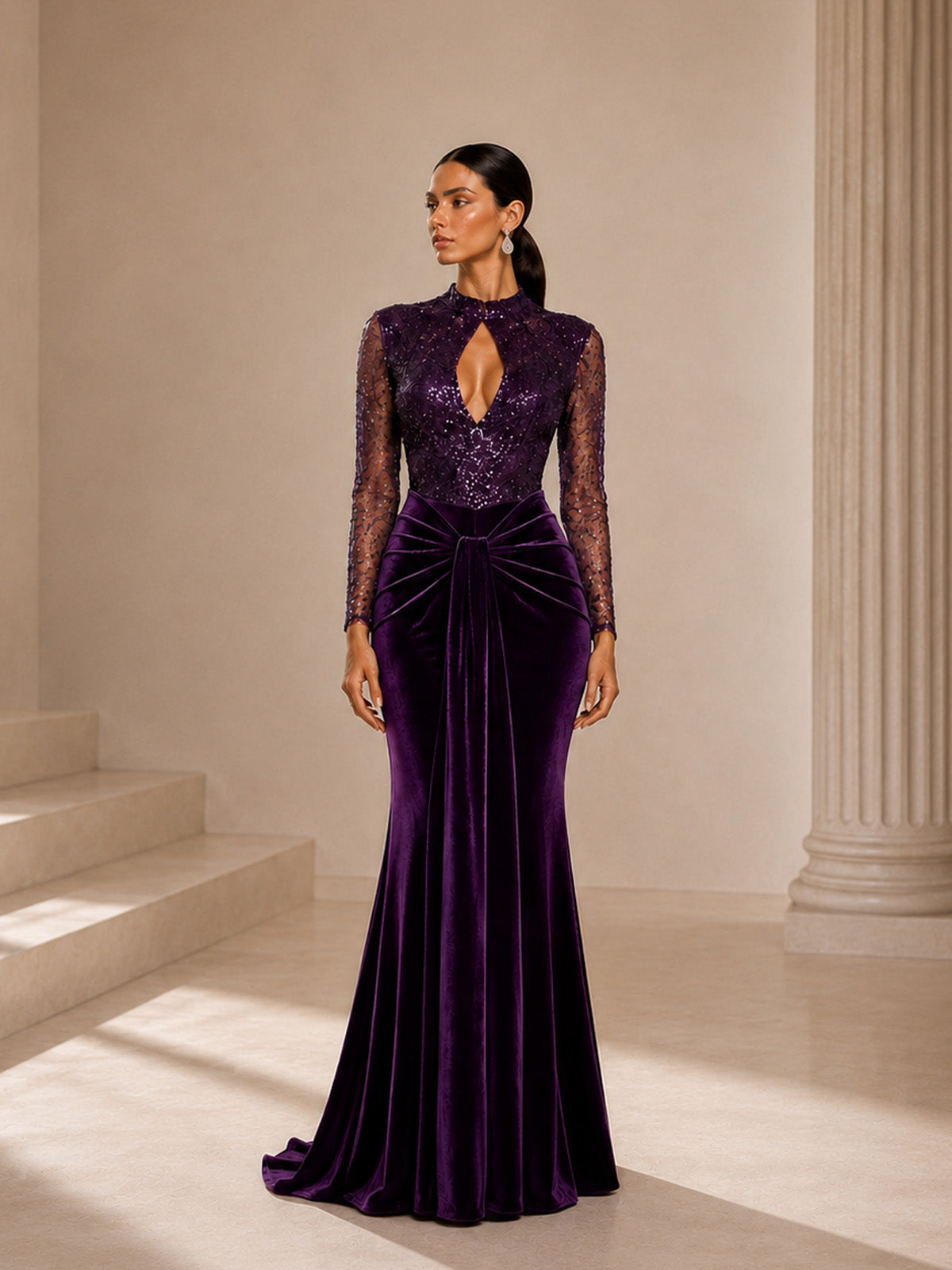 Women’s Purple Glamorous Velvet Mesh Mock Neck Long Sleeve Slim Mermaid Maxi Dress