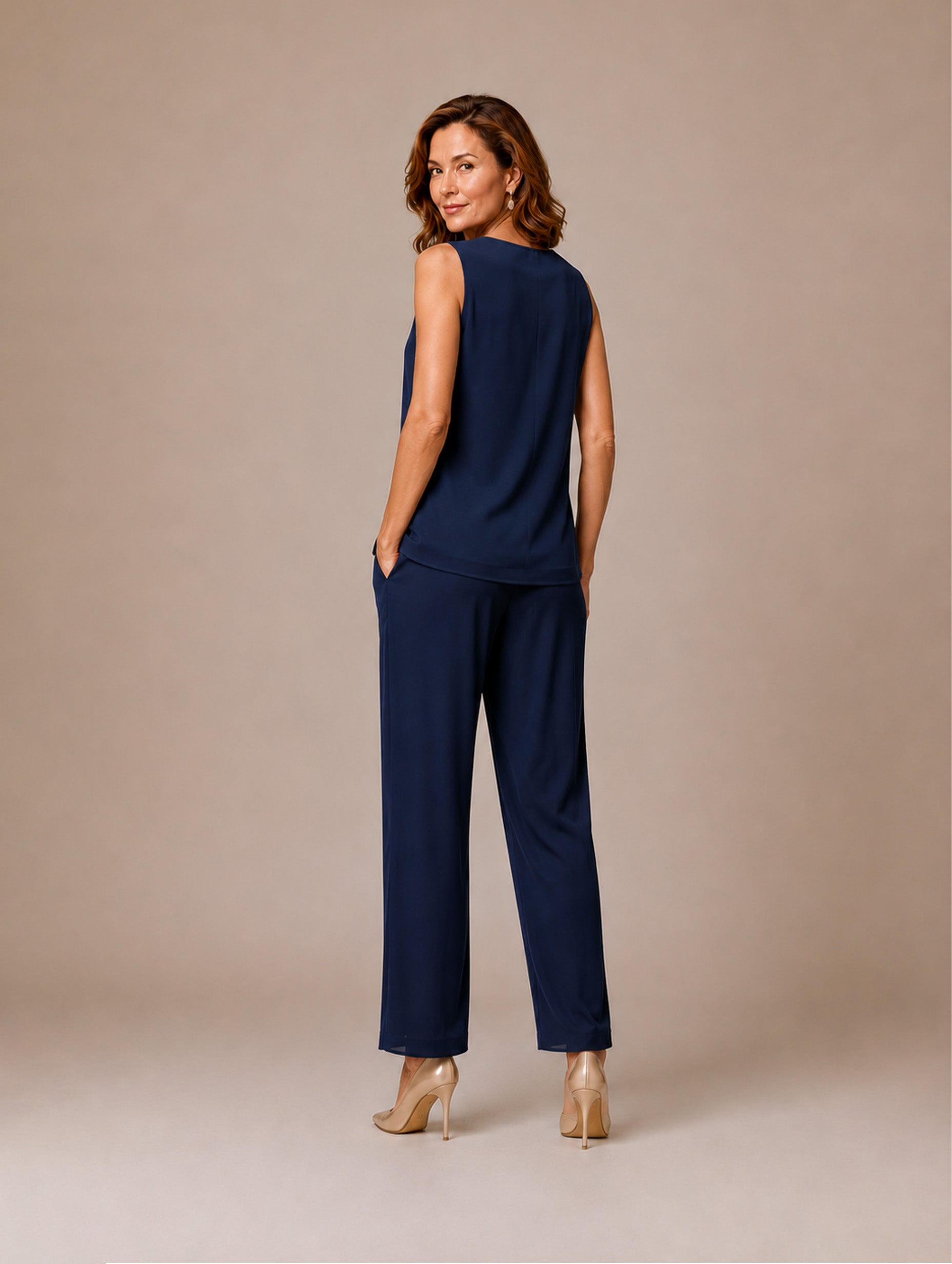 Damen elegantes Chiffon-Blazer-Set mit U-Boot-Ausschnitt, 3/4-Arm, regulärer Bodenlänge und Rüschenjacke, 3-teilig