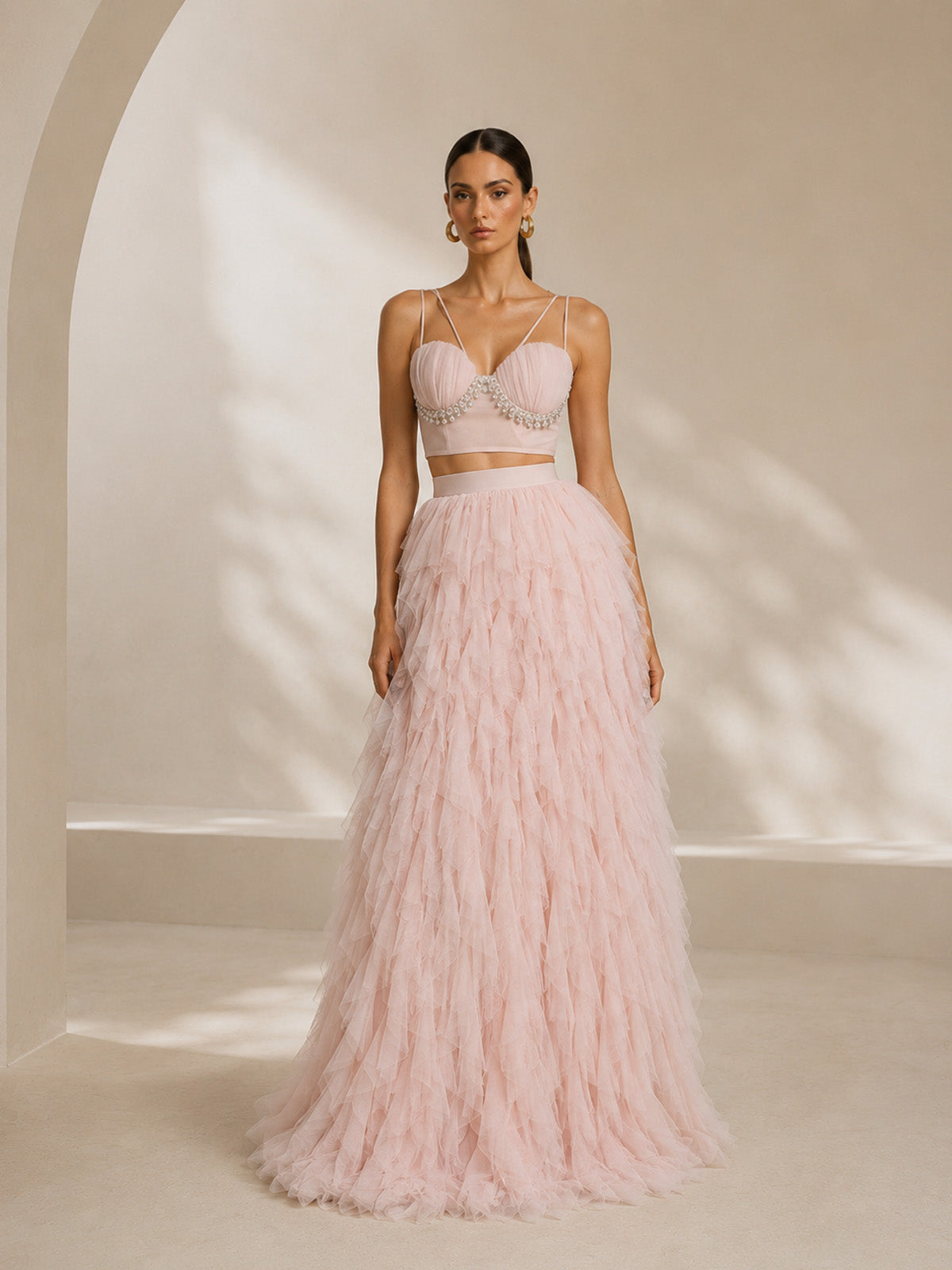 Women’s Blush Pink Romantic Tulle Sweetheart Neck Sleeveless A-Line Maxi Dress Set