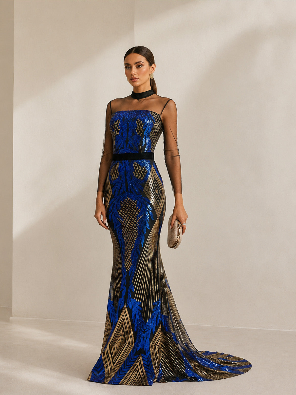 Women’s Blue Luxe Sequin Mesh High Neck Long Sleeve Mermaid Maxi Dress