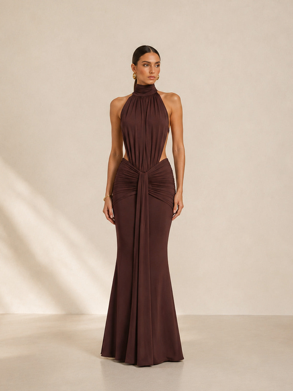 Women’s Brown Draped Jersey Halter Neck Sleeveless Slim Mermaid Maxi Dress