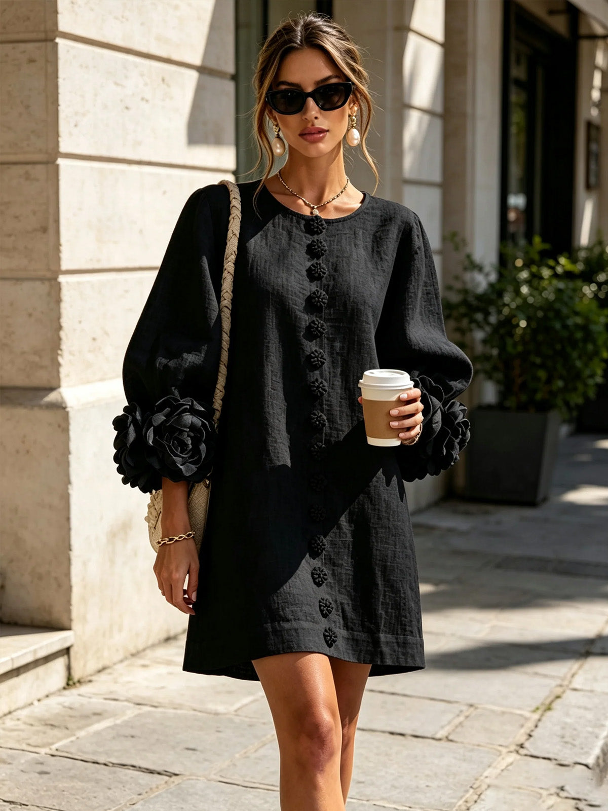 Women’s White Textured Floral Button Front Puff Sleeve Mini Dress