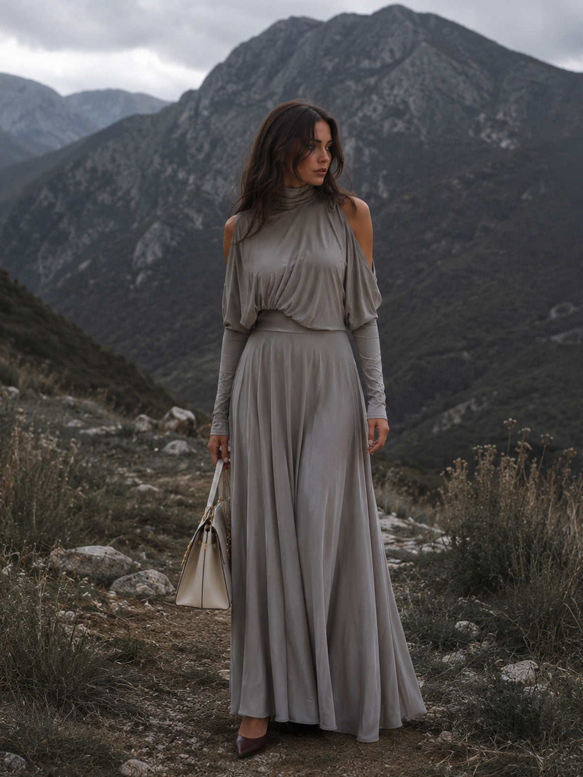 Women’s Taupe Elegant Stretch Turtleneck Long Sleeve Regular Maxi Dress