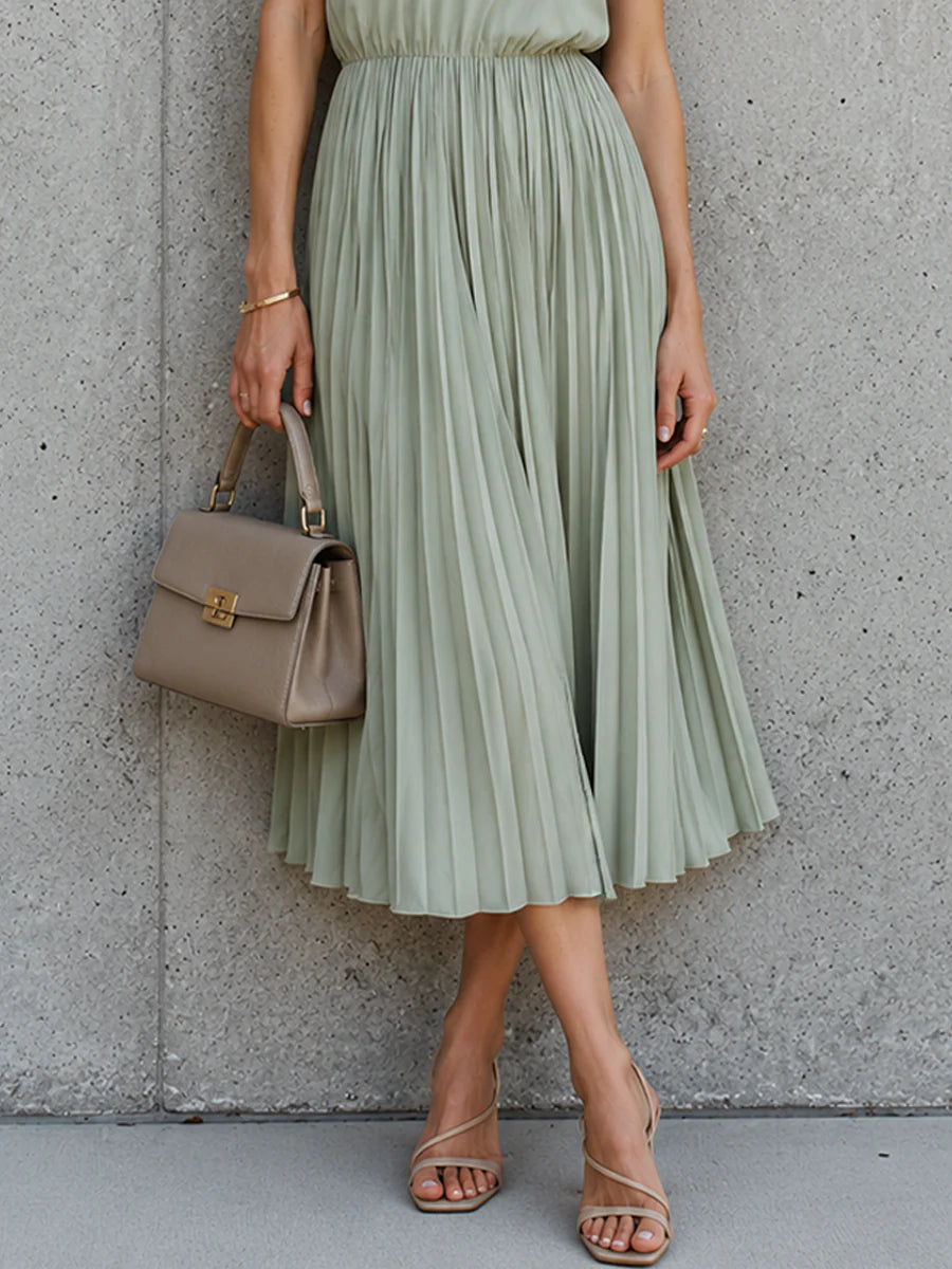 Women’s Light Green Elegant Pleated Round Neck Sleeveless A-Line Midi Dress