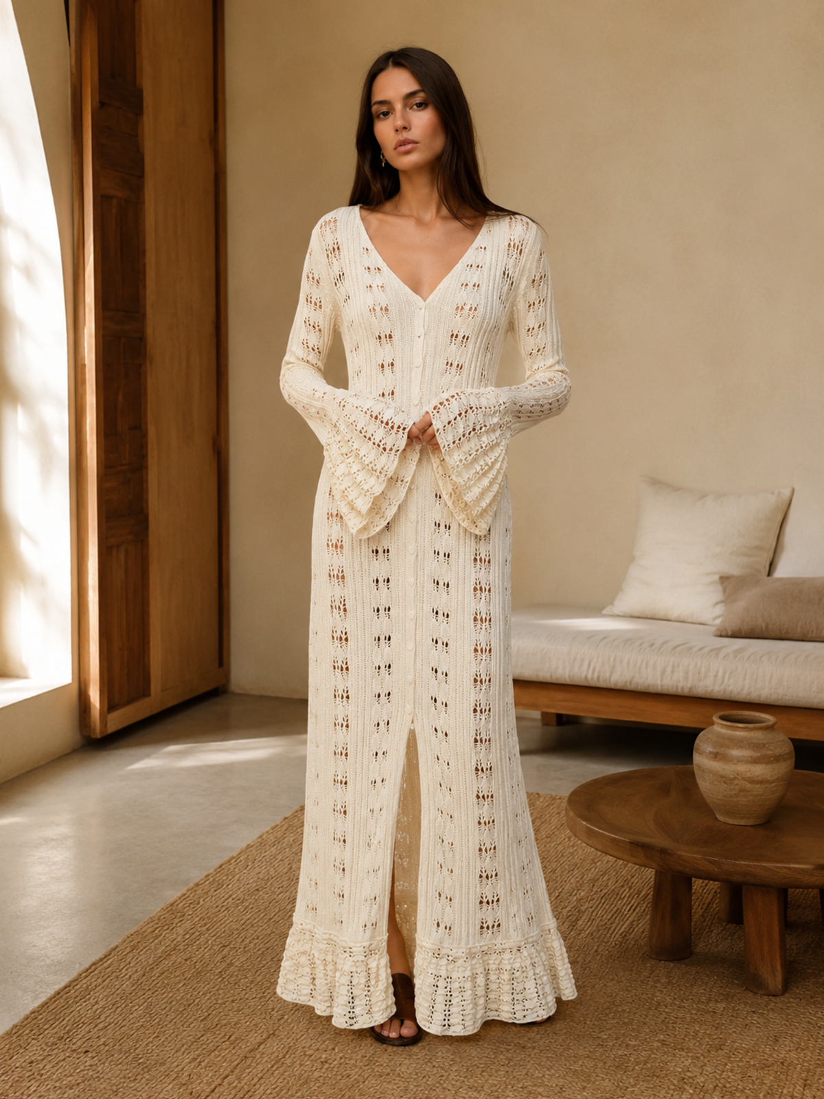 Women’s Ivory Bohemian Crochet Knit V Neck Long Bell Sleeve Longline Cardigan with Ruffle Hem Detail