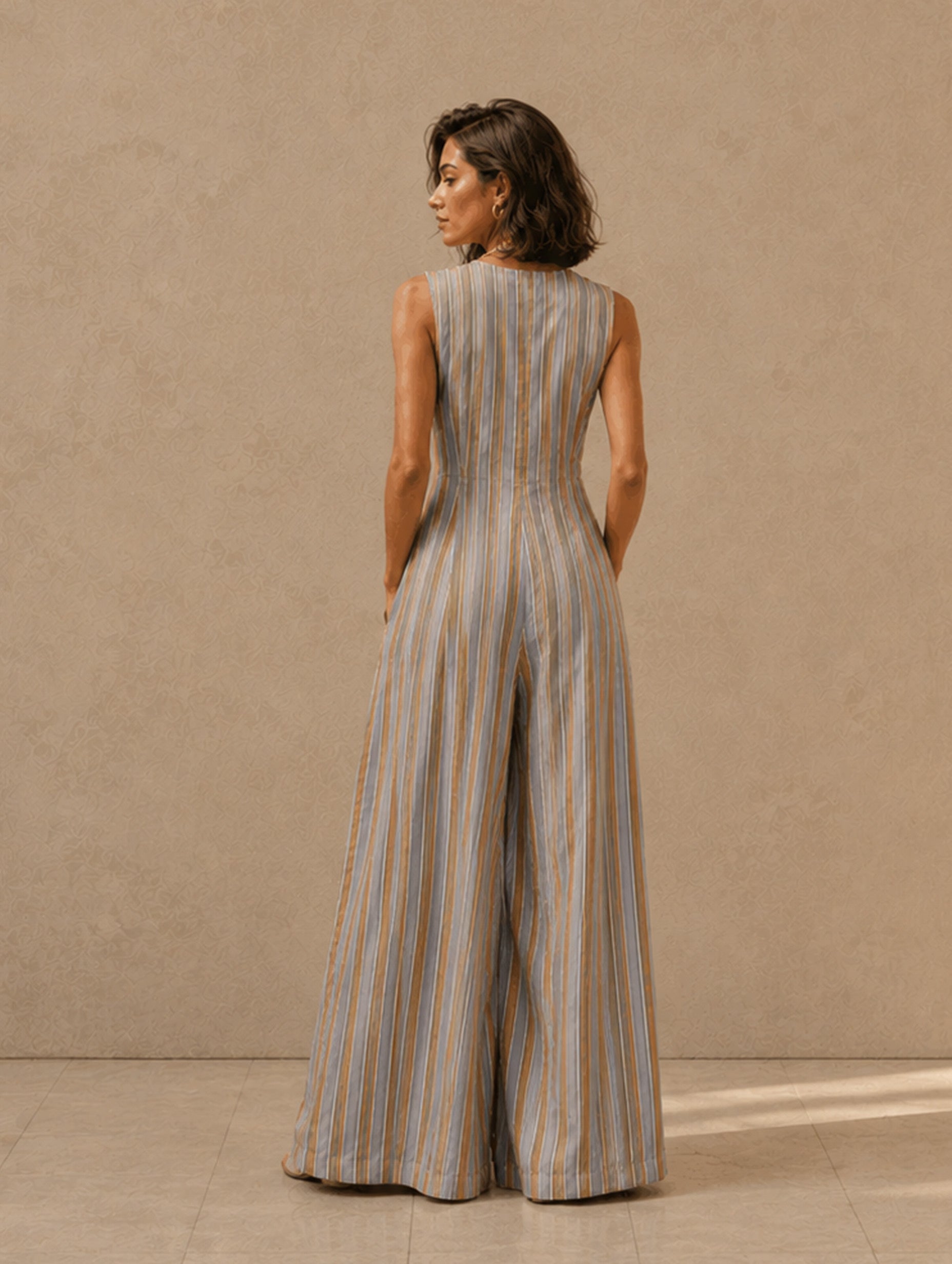 Women’s Beige Gray French Chic Lightweight Woven Round Neck Sleeveless Regular Full-Length Wide-Leg Jumpsuit with Vertical Stripe and Button Front