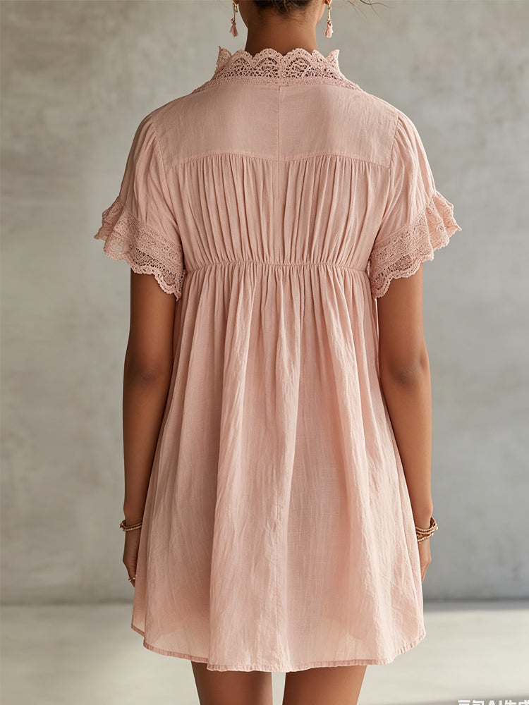 Women’s Blush Pink Romantic Cotton Blend Deep V-Neck Short Sleeve Relaxed Mini Dress with Lace Trim