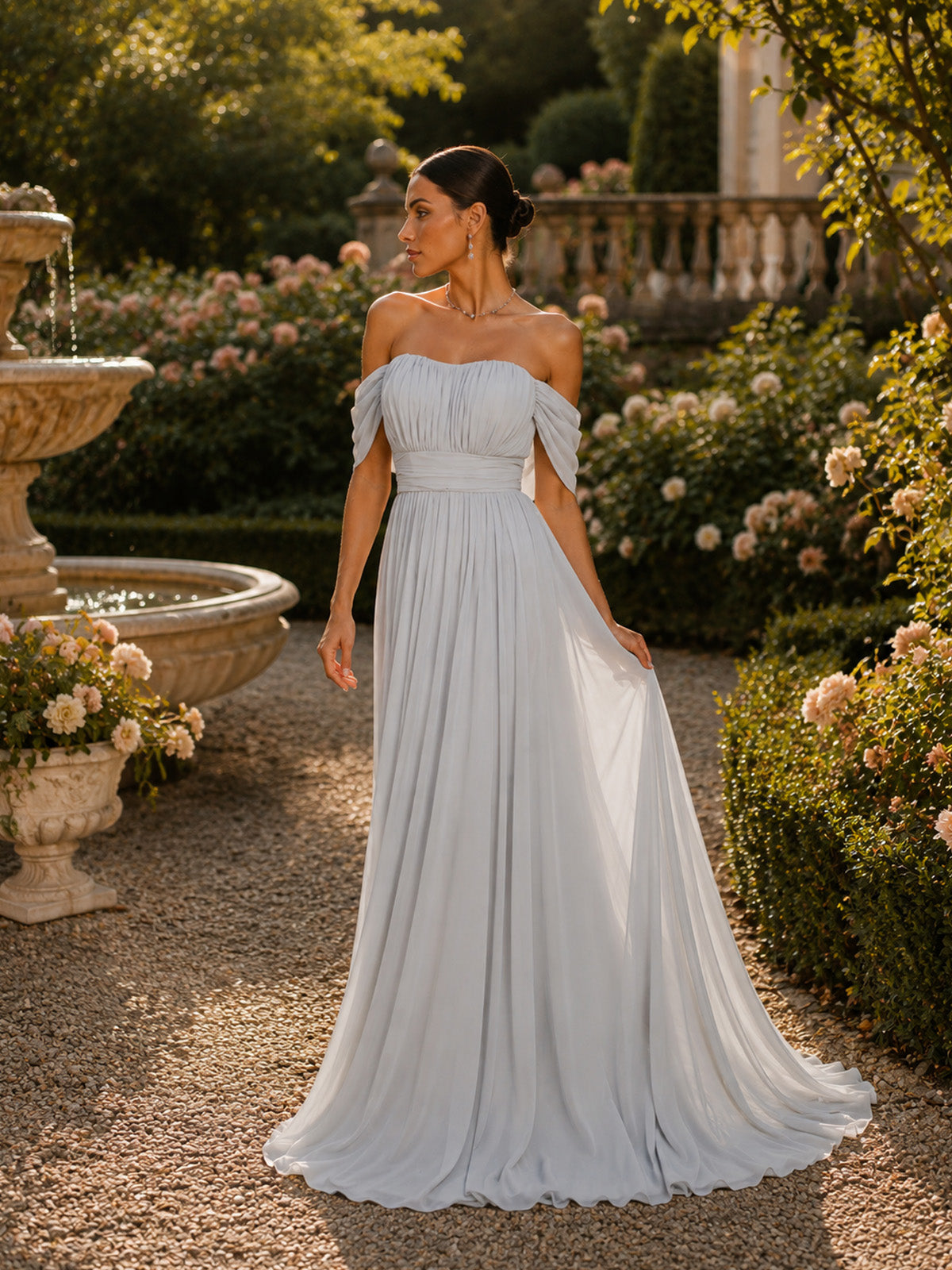 Women’s Light Gray Romantic Chiffon Off Shoulder Draped Sleeve A-Line Maxi Dress