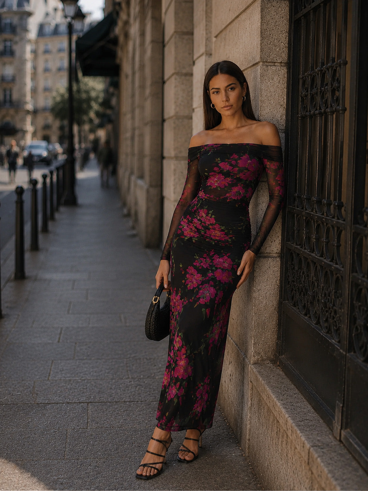 Women’s Floral Mesh Off-Shoulder Long Sleeve Slim Maxi Dress
