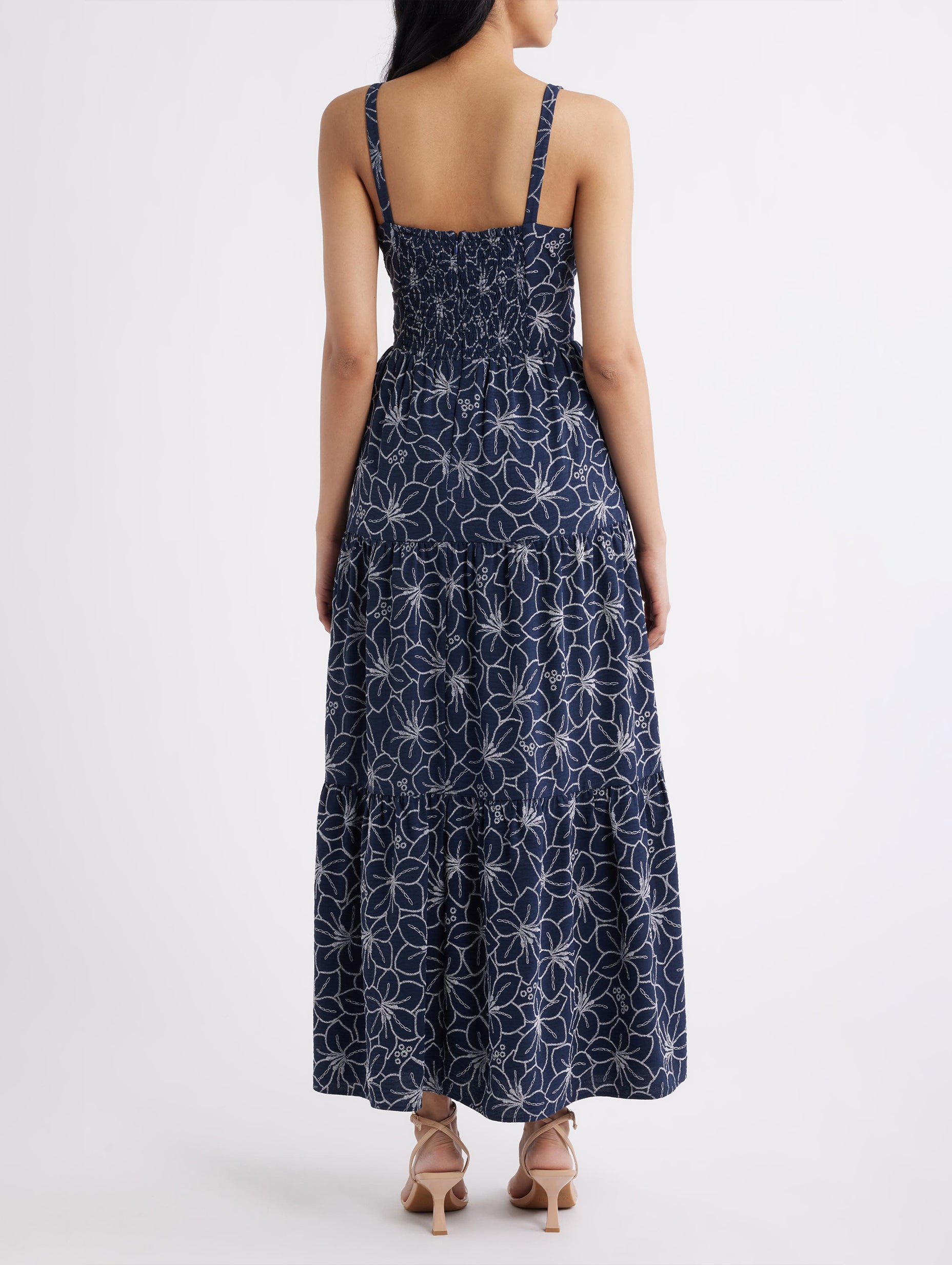 Women’s Navy Multi Romantic Square Neck Sleeveless Regular Maxi Dress with Floral Embroidery