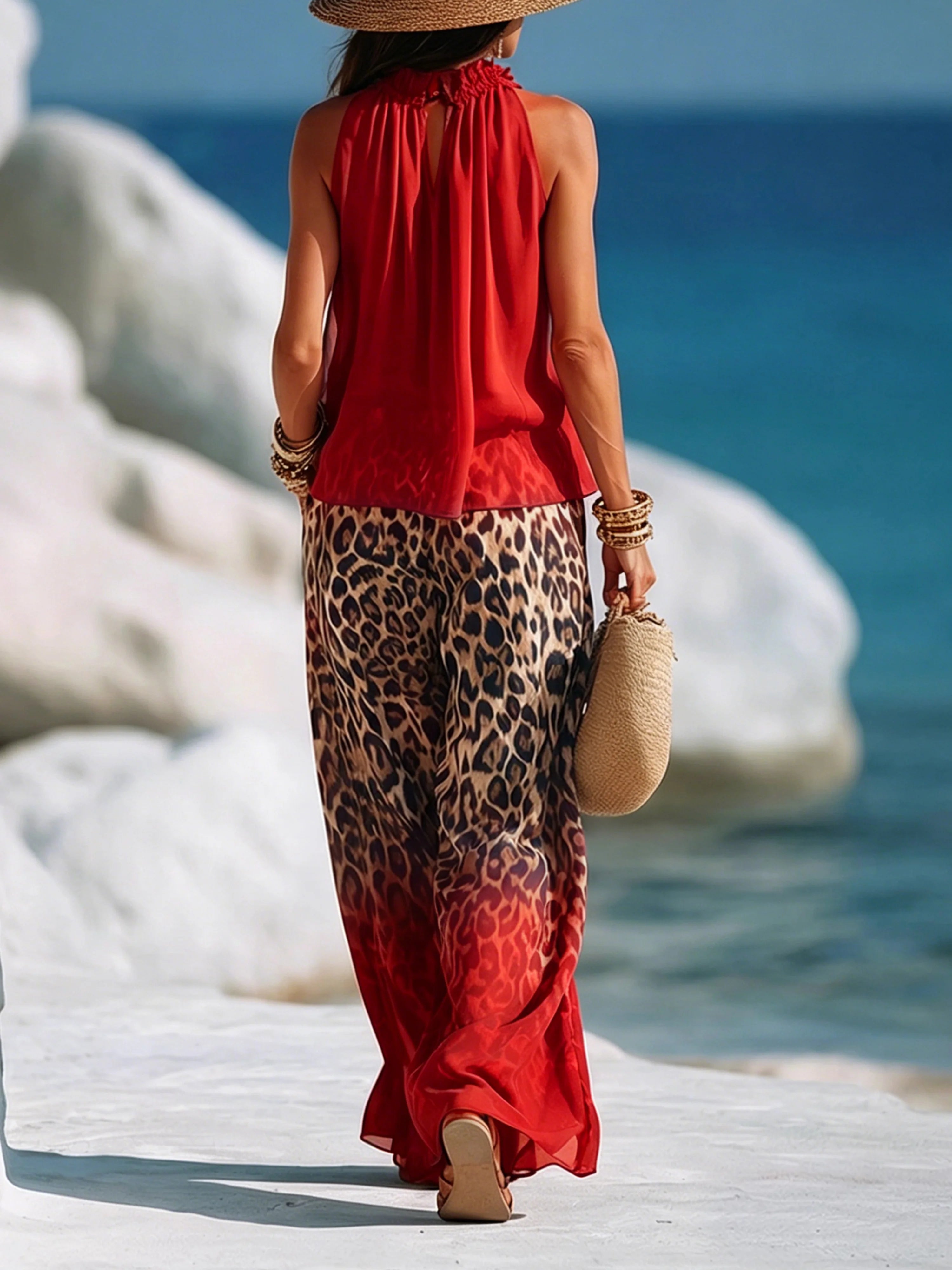 Women’s Blue Casual Halter Neck Sleeveless Regular Full-Length Pants Set with Leopard Print