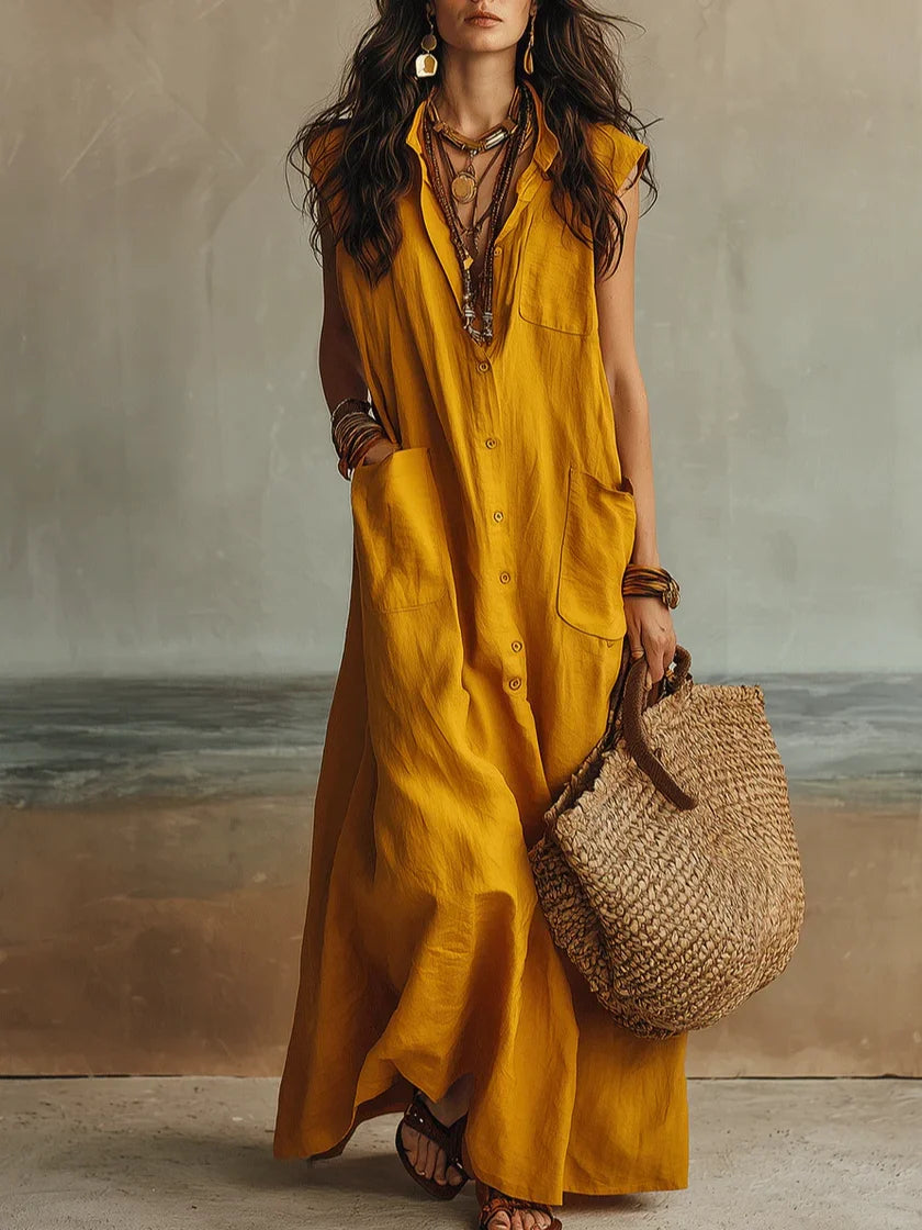Women’s Yellow Casual Cotton-Linen Shirt Collar Sleeveless Relaxed Maxi Dress with Button Front and Pockets