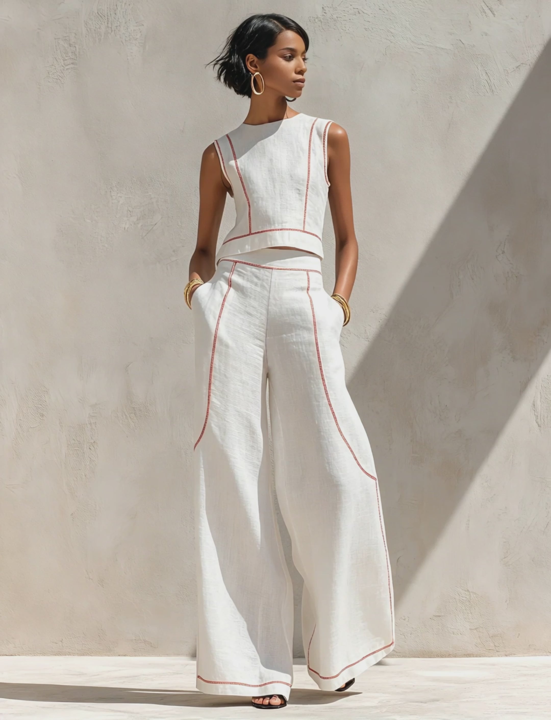 Women’s White and Black Minimalist Linen-Blend Round-Neck Sleeveless Regular Wide-Leg Pants Set