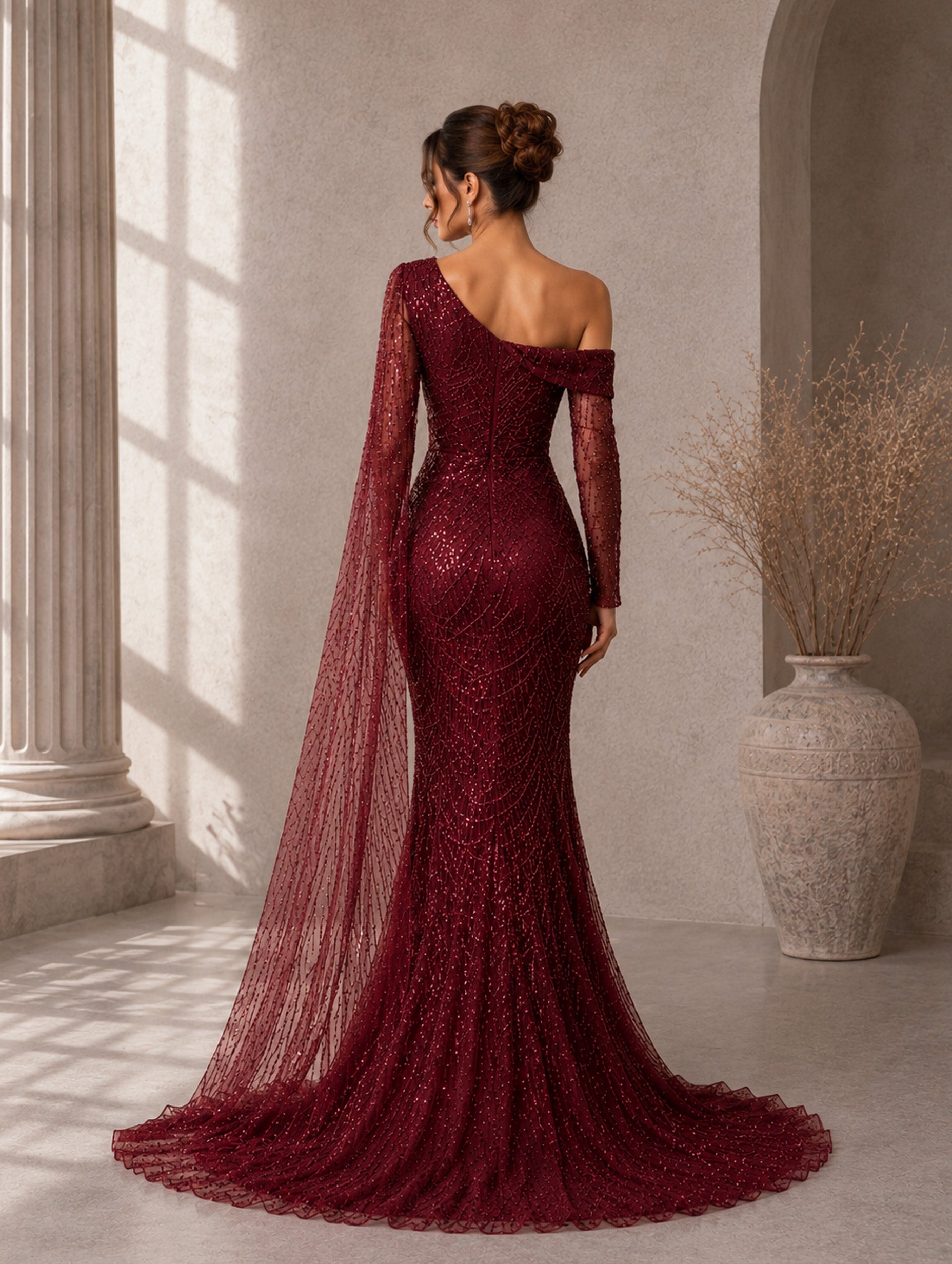 Women’s Elegant Sequin Asymmetrical Neck One Long Sleeve Regular Mermaid Maxi Dress with Beaded Detail
