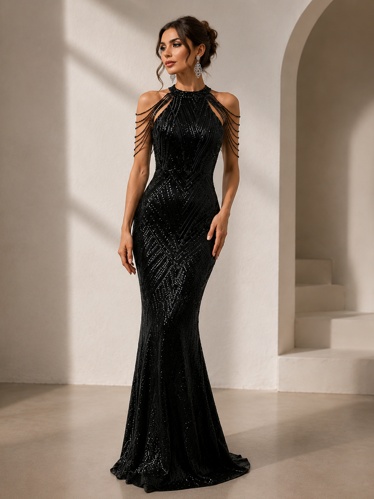 Women’s Black Glamorous Sequin High Neck Cold Shoulder Mermaid Floor-Length Evening Gown