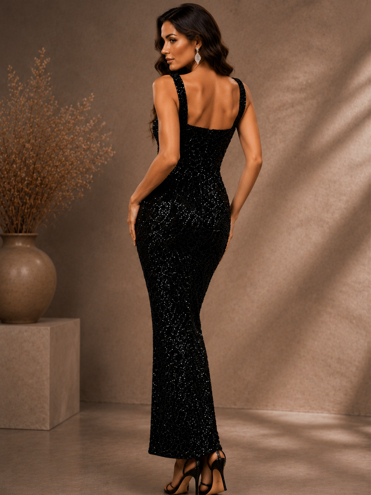 Women’s Black Glamorous Sequin Square Neck Sleeveless Bodycon Midi Dress