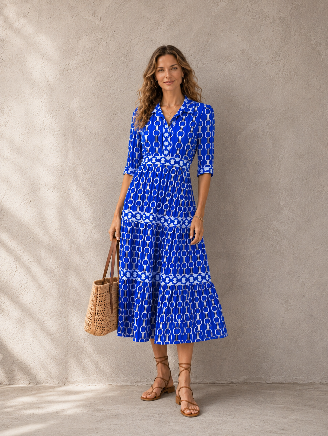 Blu e bianco elegante collo mandarino manica 3/4 regolare abito maxi con stampa catena e tasche da donna