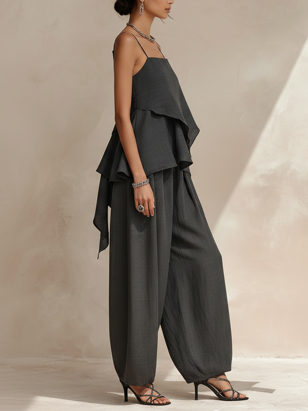 Women’s Dark Gray Minimalist Linen Blend Square Neck Spaghetti Strap Relaxed Full-Length Wide-Leg Pants Set with Asymmetrical Cami
