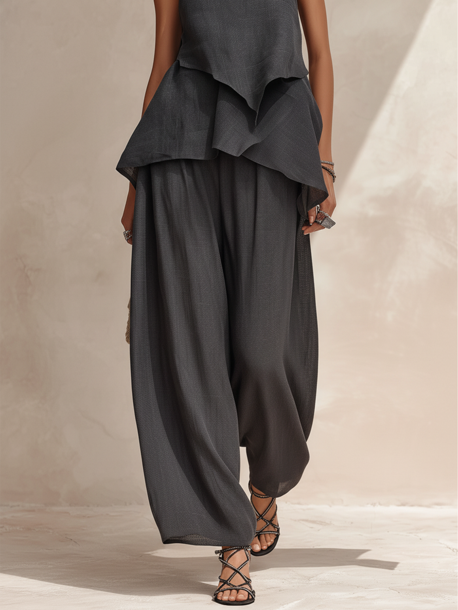 Women’s Dark Gray Minimalist Linen Blend Square Neck Spaghetti Strap Relaxed Full-Length Wide-Leg Pants Set with Asymmetrical Cami
