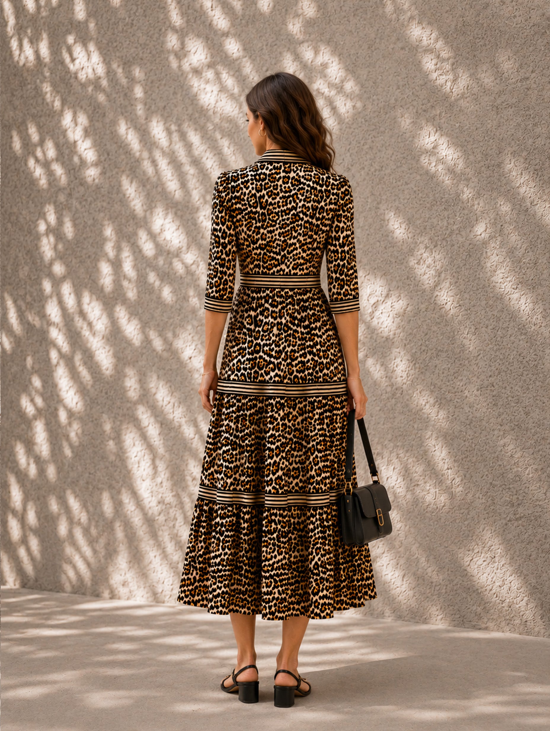 Women’s Cheetah Gold Elegant Mandarin Neck 3/4 Sleeve Regular Maxi Dress with Pockets