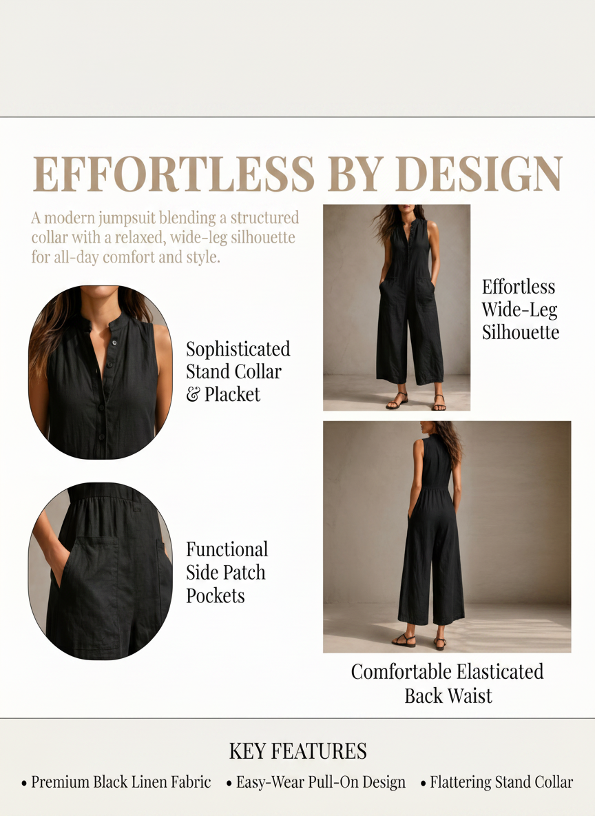 Women’s Black Casual Chic Linen-Blend Mandarin Collar Sleeveless Wide-Leg Ankle Jumpsuit