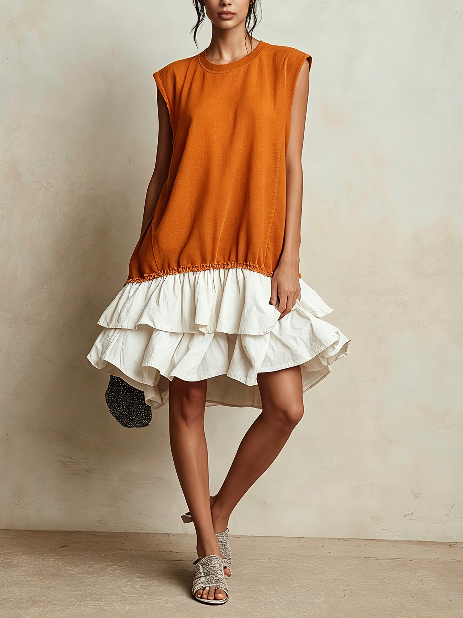 Contrast Raw Edge Tiered Ruffle Hem Sleeveless Mini Dress | Color Block Casual Loose Fit Vacation Dress