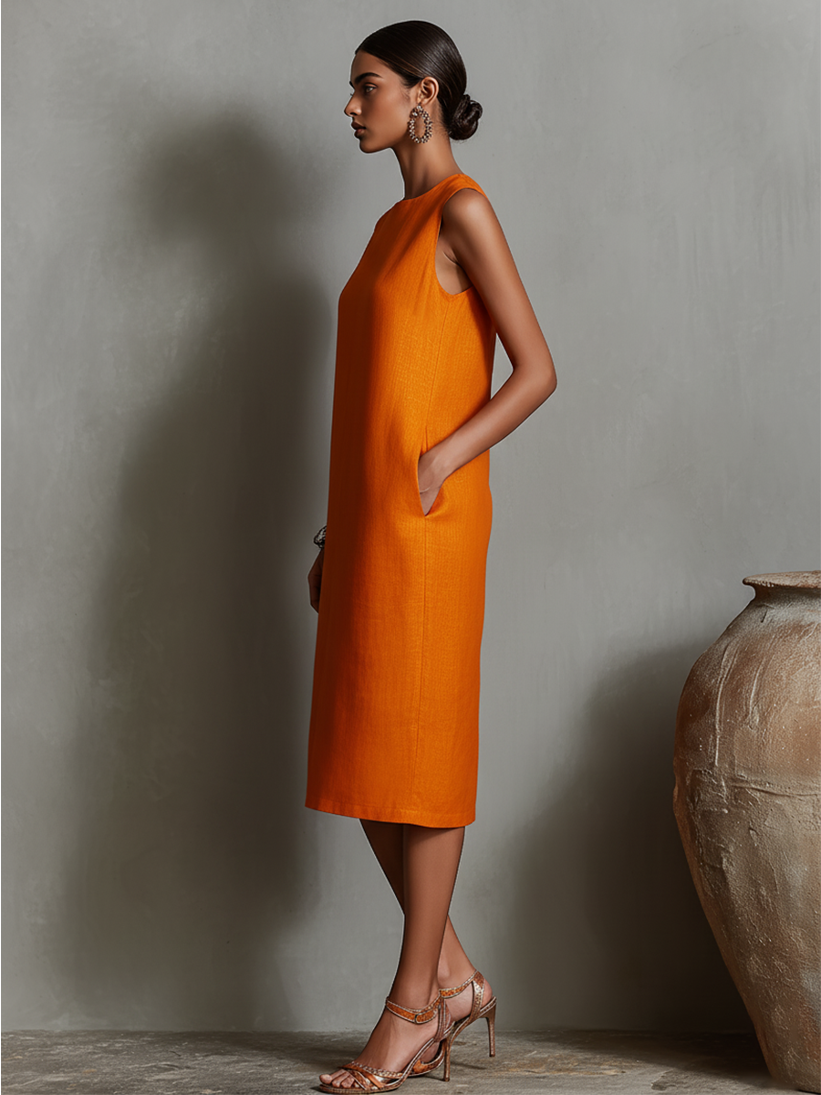 Women’s Orange Red and Blue Minimalist Linen Round-Neck Sleeveless Relaxed Midi Daily Dress