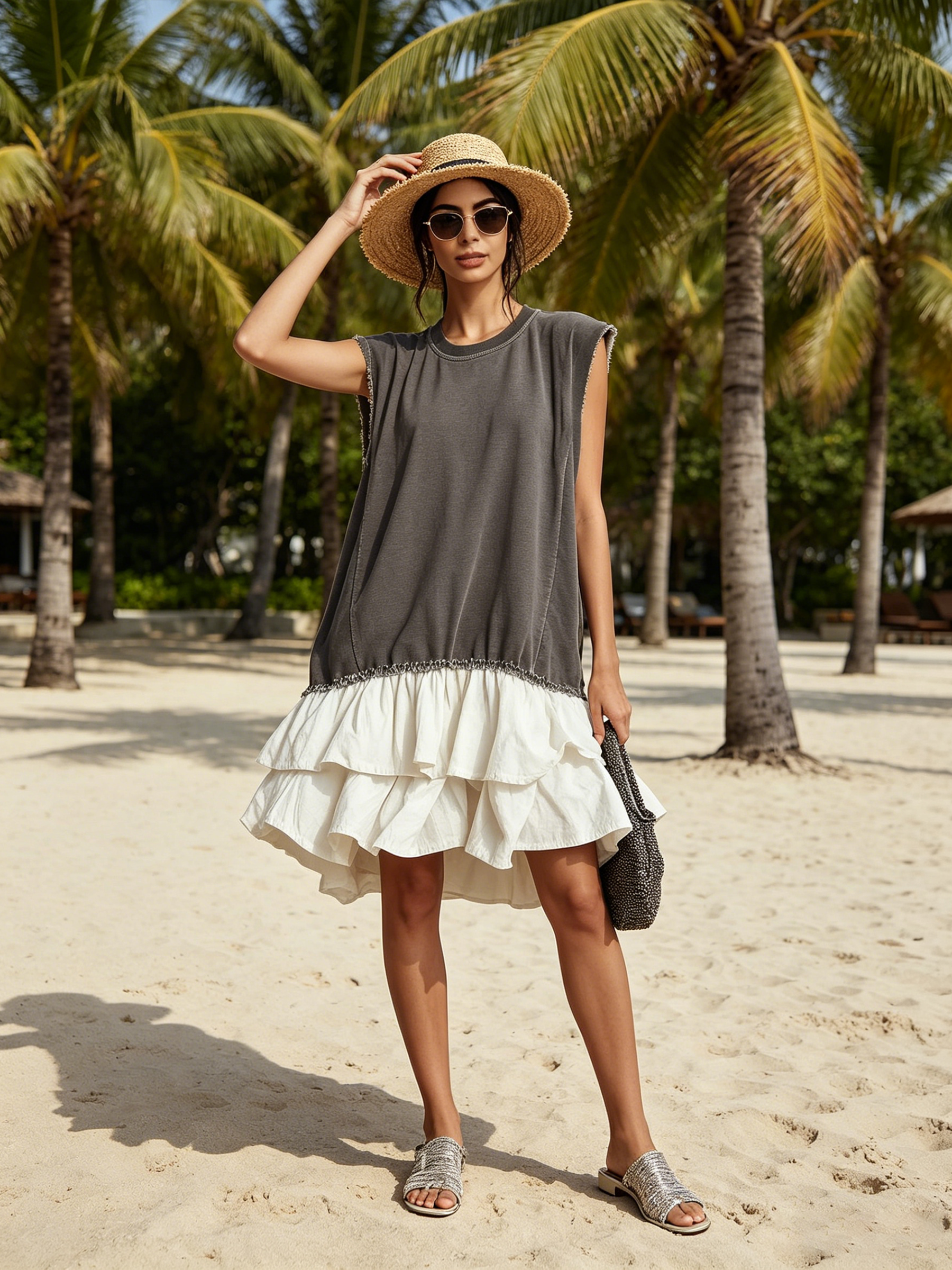 Contrast Raw Edge Tiered Ruffle Hem Sleeveless Mini Dress | Color Block Casual Loose Fit Vacation Dress