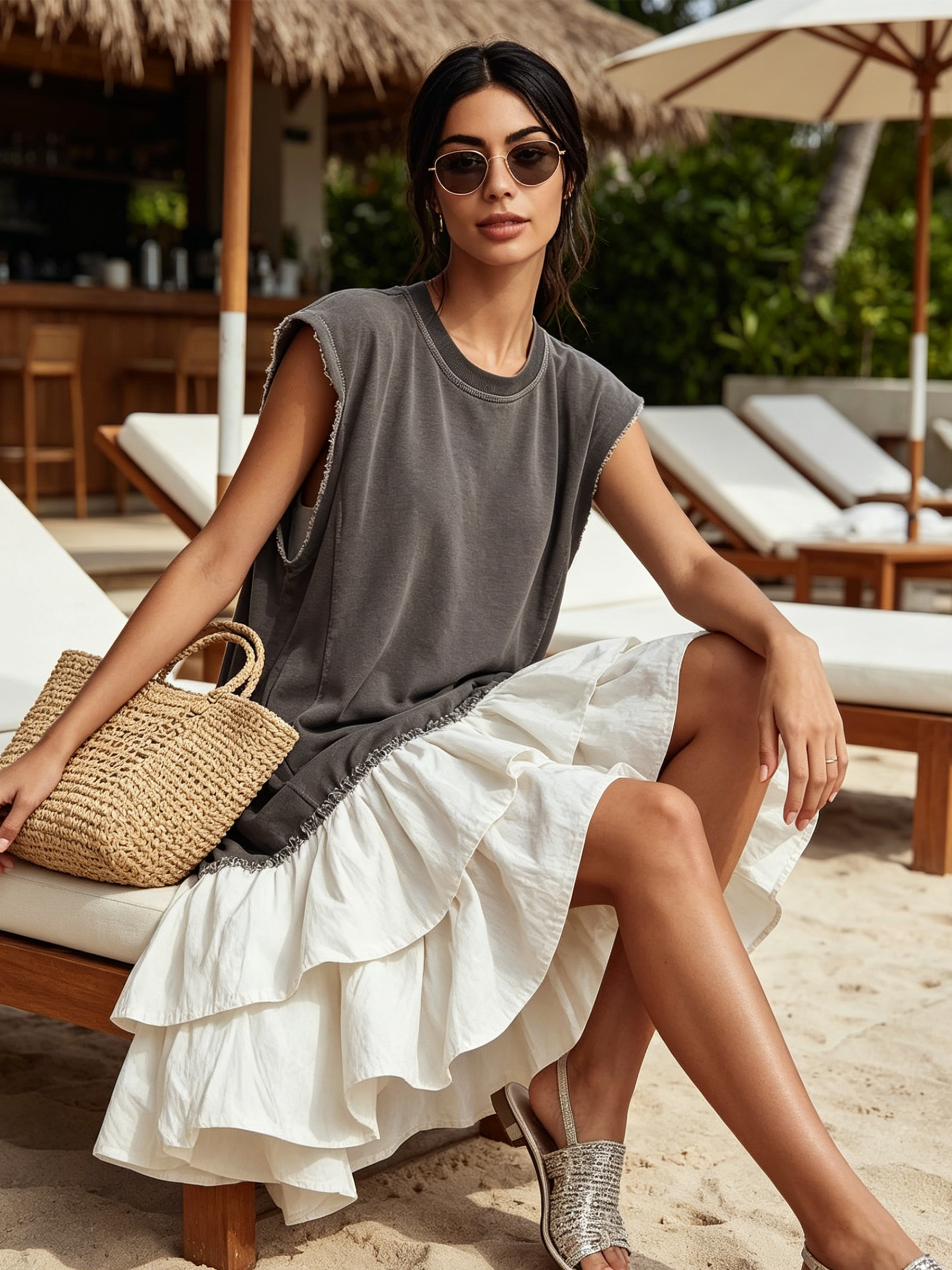 Contrast Raw Edge Tiered Ruffle Hem Sleeveless Mini Dress | Color Block Casual Loose Fit Vacation Dress