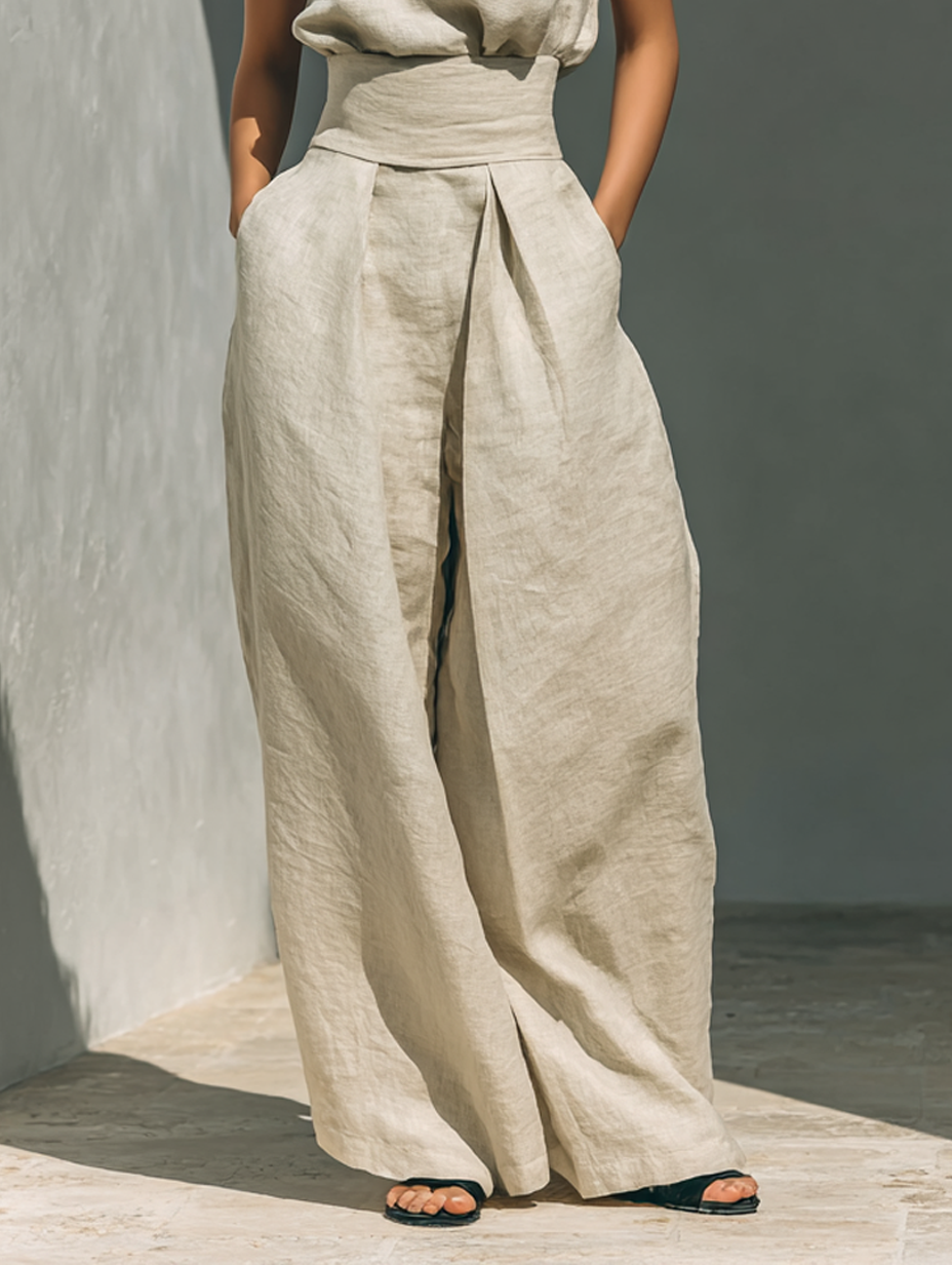 Women’s Multi-Color Minimalist Cotton-Linen Blend High-Neck Sleeveless Regular Wide-Leg Pants Set