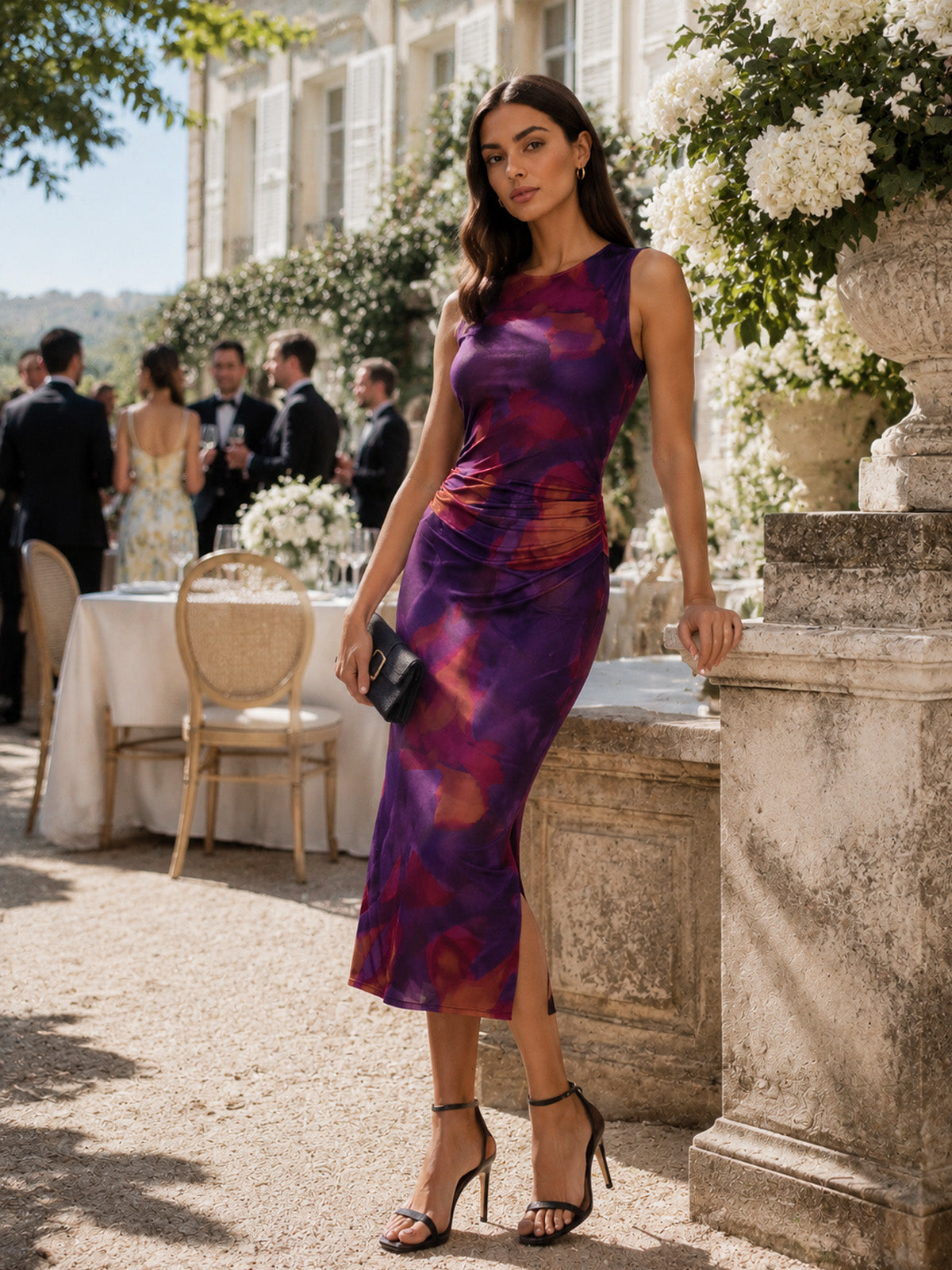 Vestido maxi slim de manga larga con cuello alto de malla floral para invitada de boda de primavera