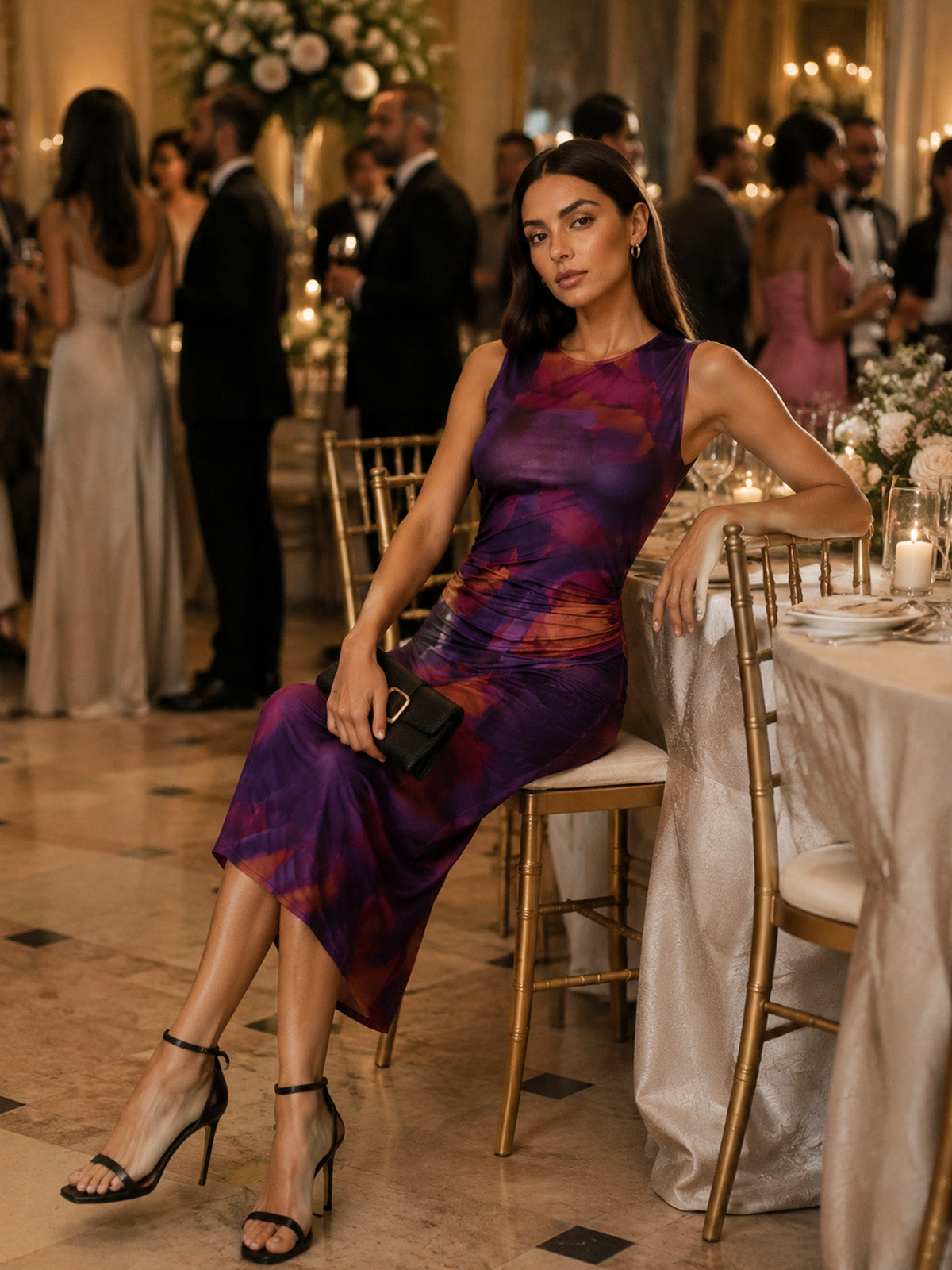 Vestido maxi slim de manga larga con cuello alto de malla floral para invitada de boda de primavera