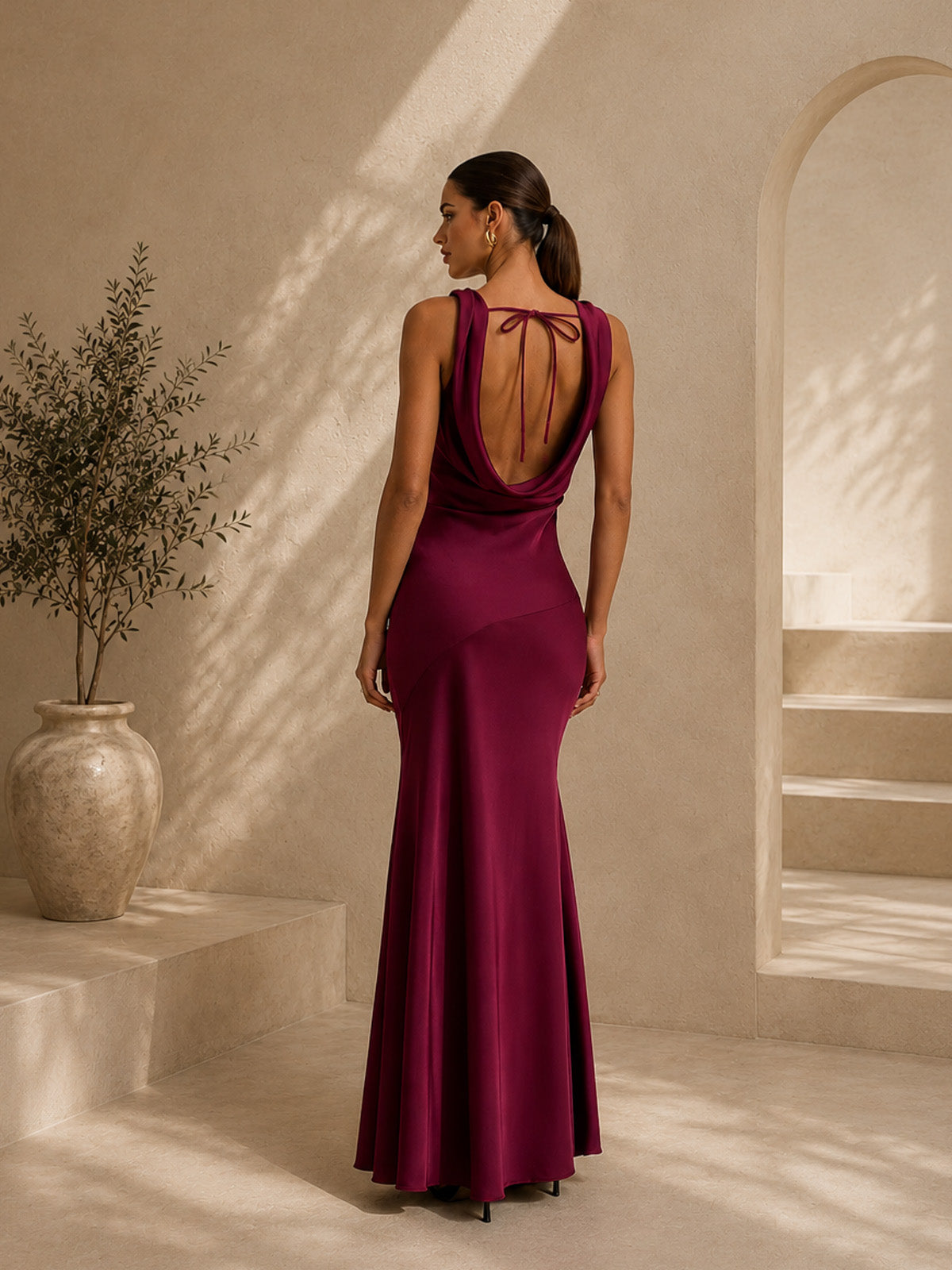 Women’s Burgundy Satin Cowl Neck Sleeveless Slim Mermaid Maxi Dress