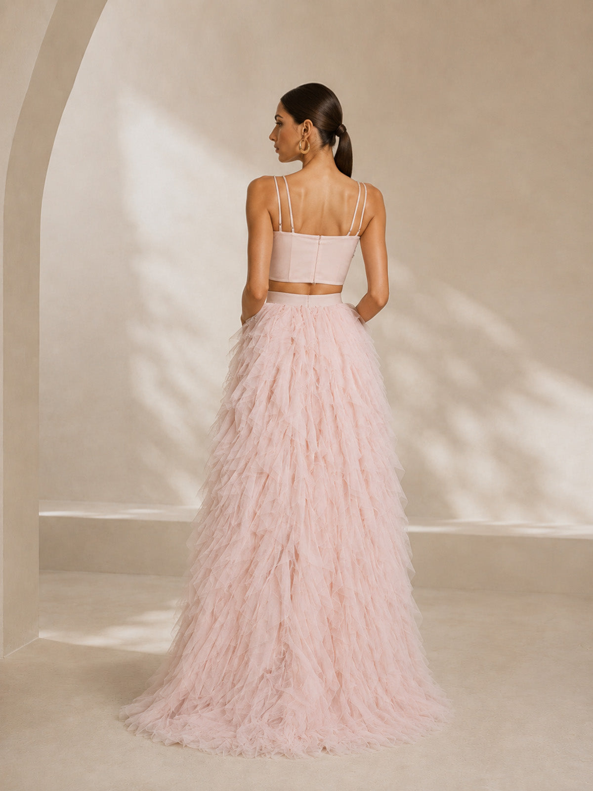 Women’s Blush Pink Romantic Tulle Sweetheart Neck Sleeveless A-Line Maxi Dress Set