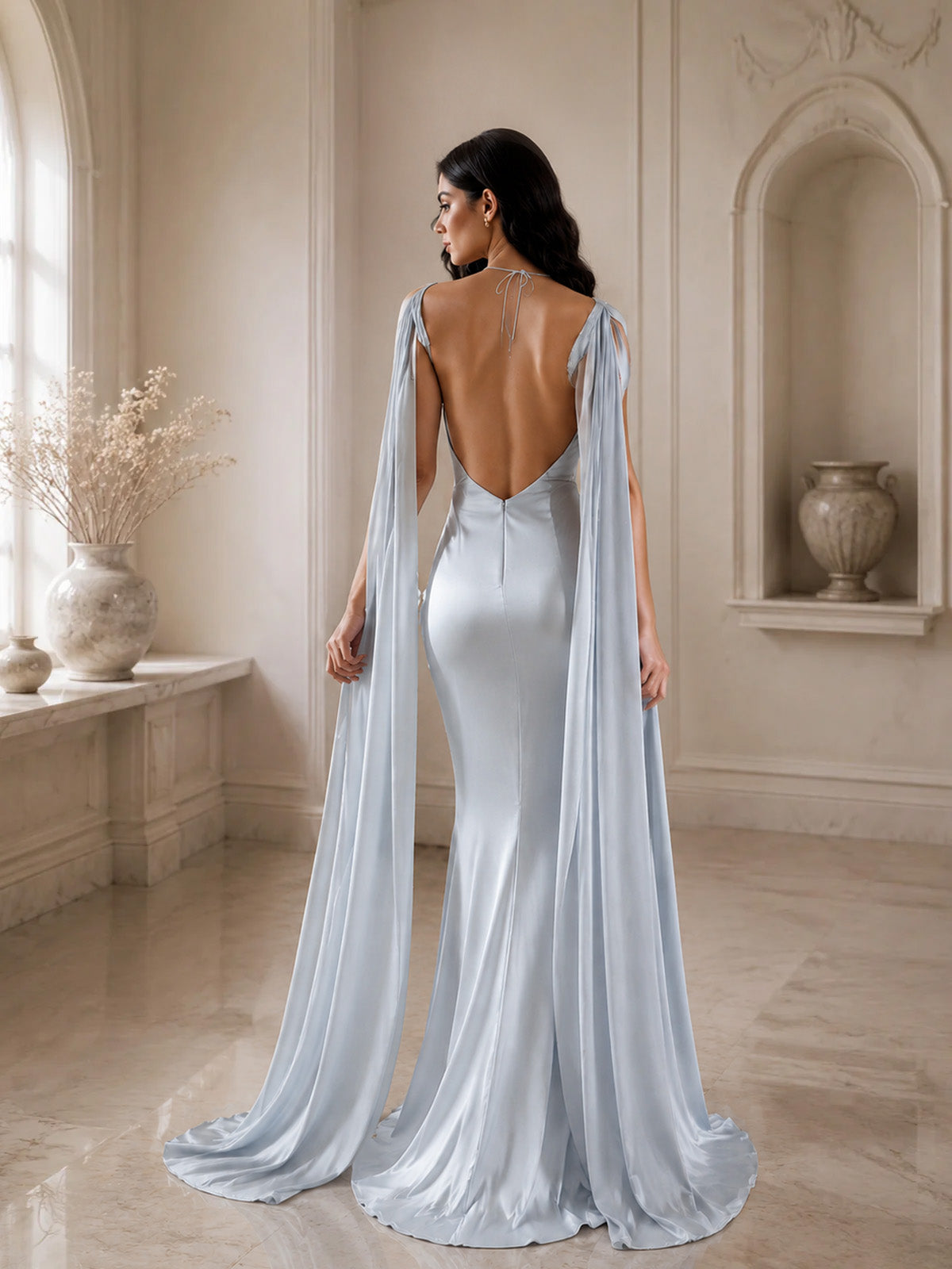 Women’s Light Blue Luxurious Satin Off Shoulder Cape Sleeve Mermaid Maxi Dress