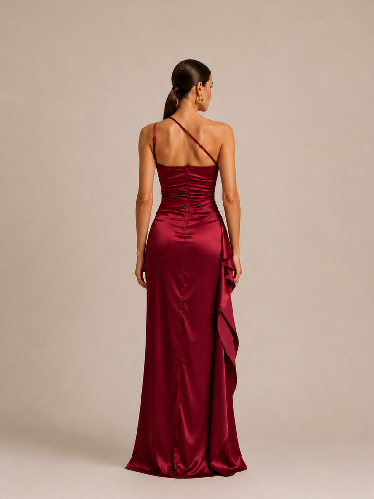 Women’s Burgundy Elegant Satin One Shoulder Sleeveless High Slit Maxi Dress