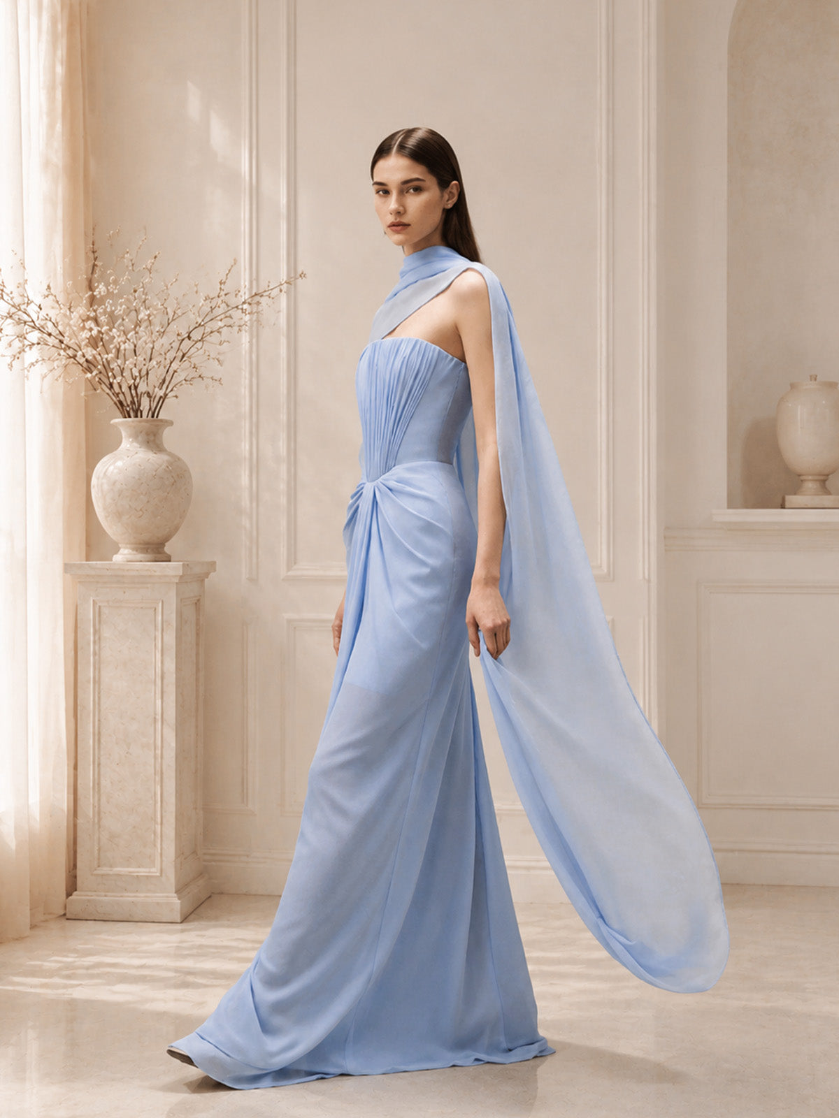 Women’s Light Blue Refined Chiffon Draped Cape Sleeve Maxi Dress