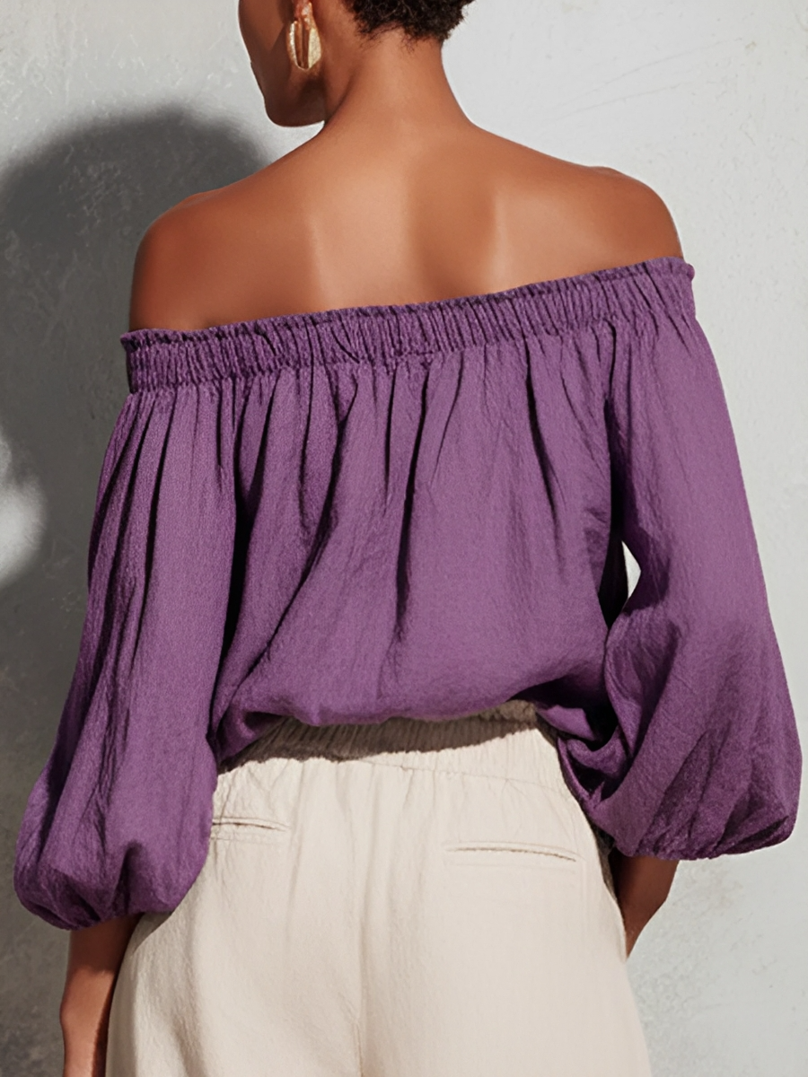 Women’s Purple Casual Cotton-Linen Off-Shoulder Long Lantern Sleeve Relaxed Top
