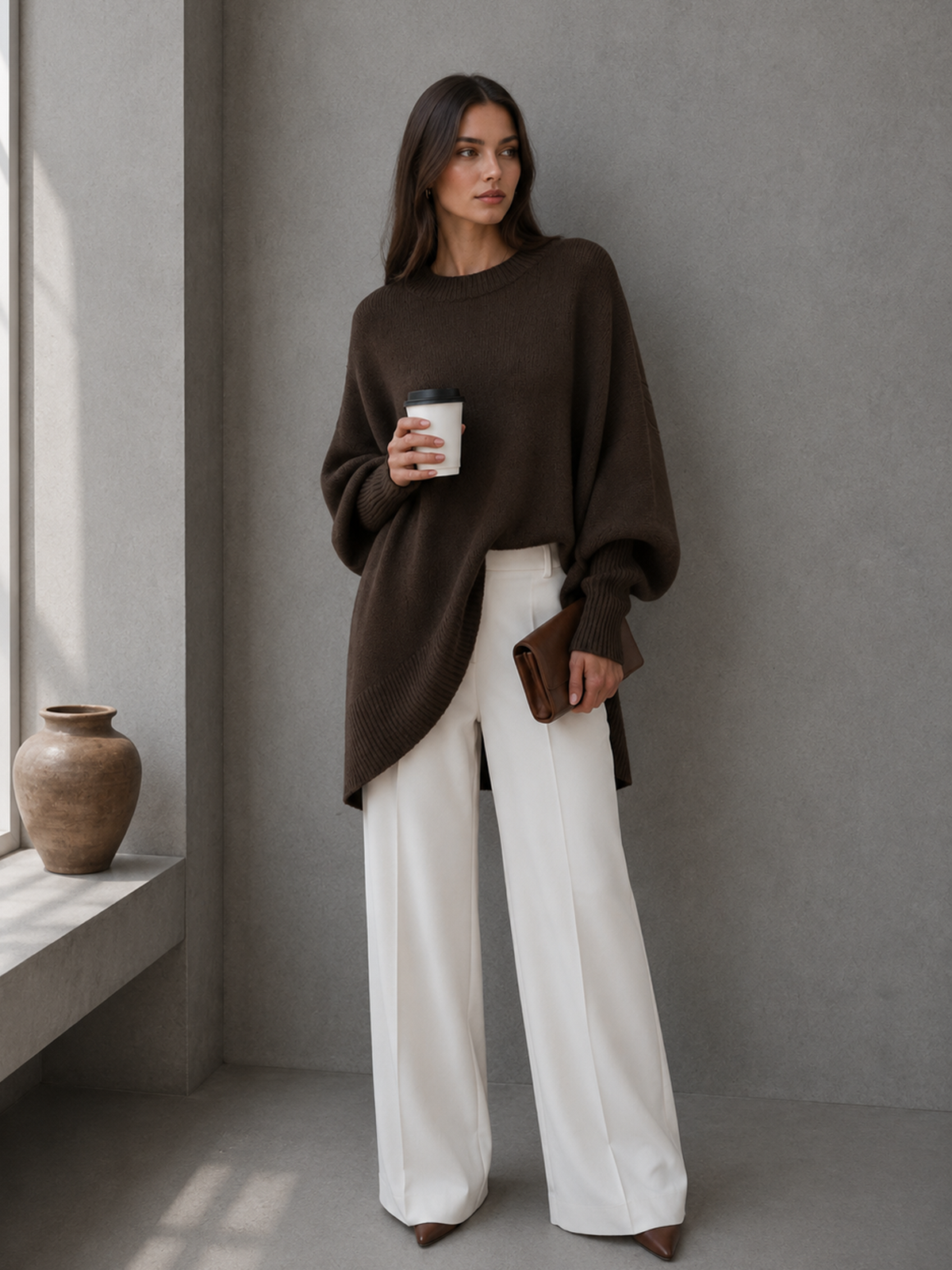 Women’s Ivory Minimalist Knit Crew Neck Long Batwing Sleeve Oversized Sweater