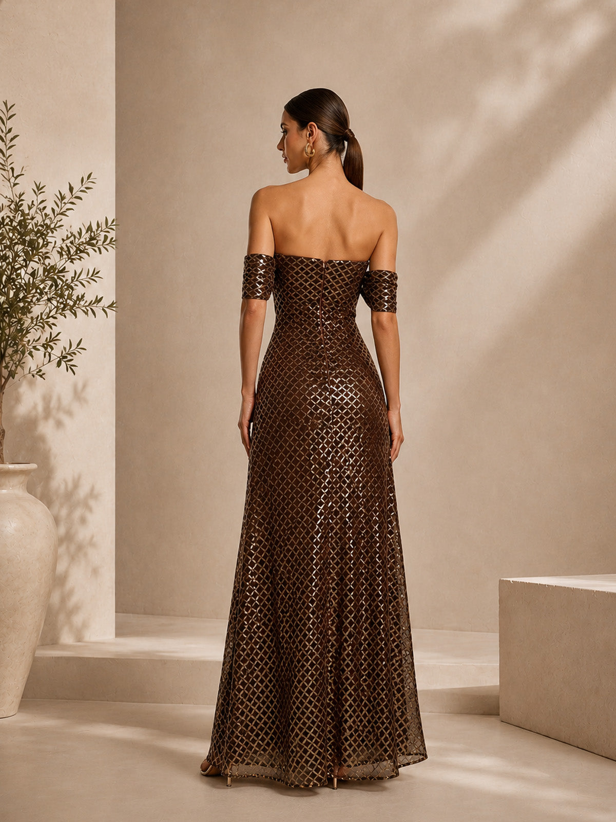 Women’s Brown Glamorous Sequin Mesh Off-Shoulder Short Sleeve Slim Maxi Dress