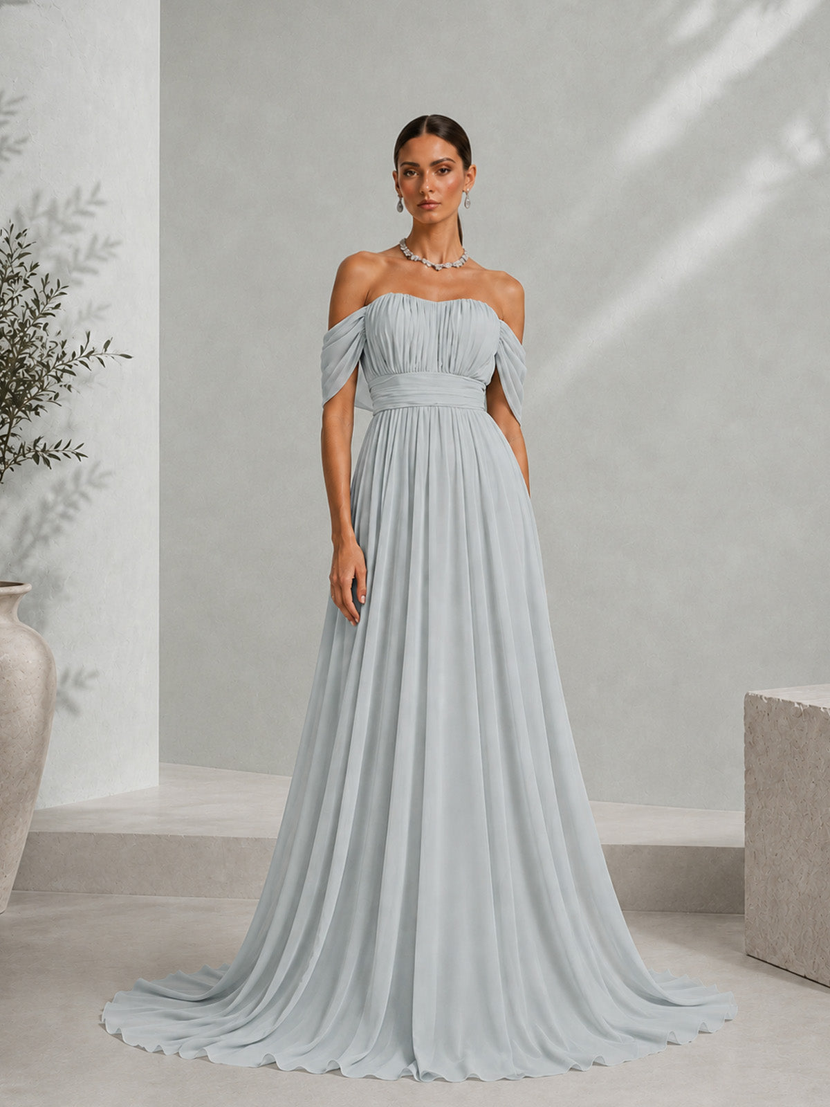 Women’s Light Gray Romantic Chiffon Off Shoulder Draped Sleeve A-Line Maxi Dress