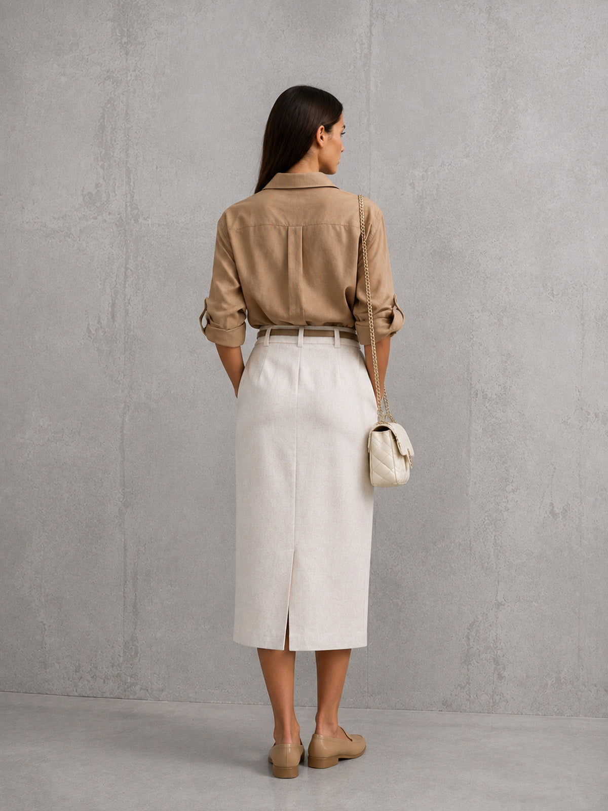 Women’s Beige Minimalist Linen Blend Button Shirt and White Midi Skirt Set with Belt Detail